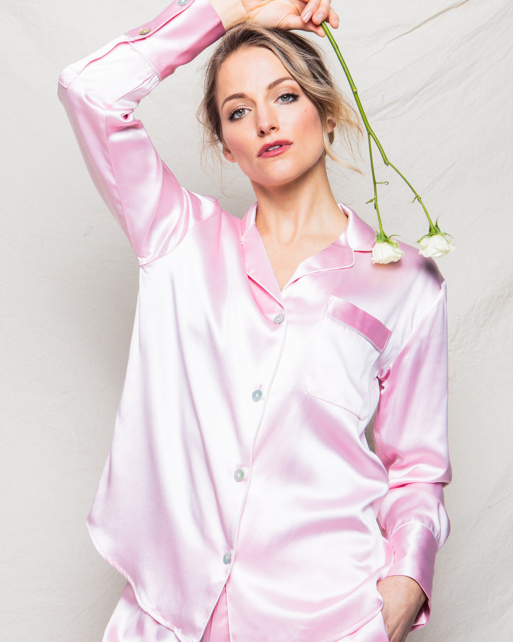 Spring/Summer Pink Silk Satin Womens Pajama Set Short Sleeve Top