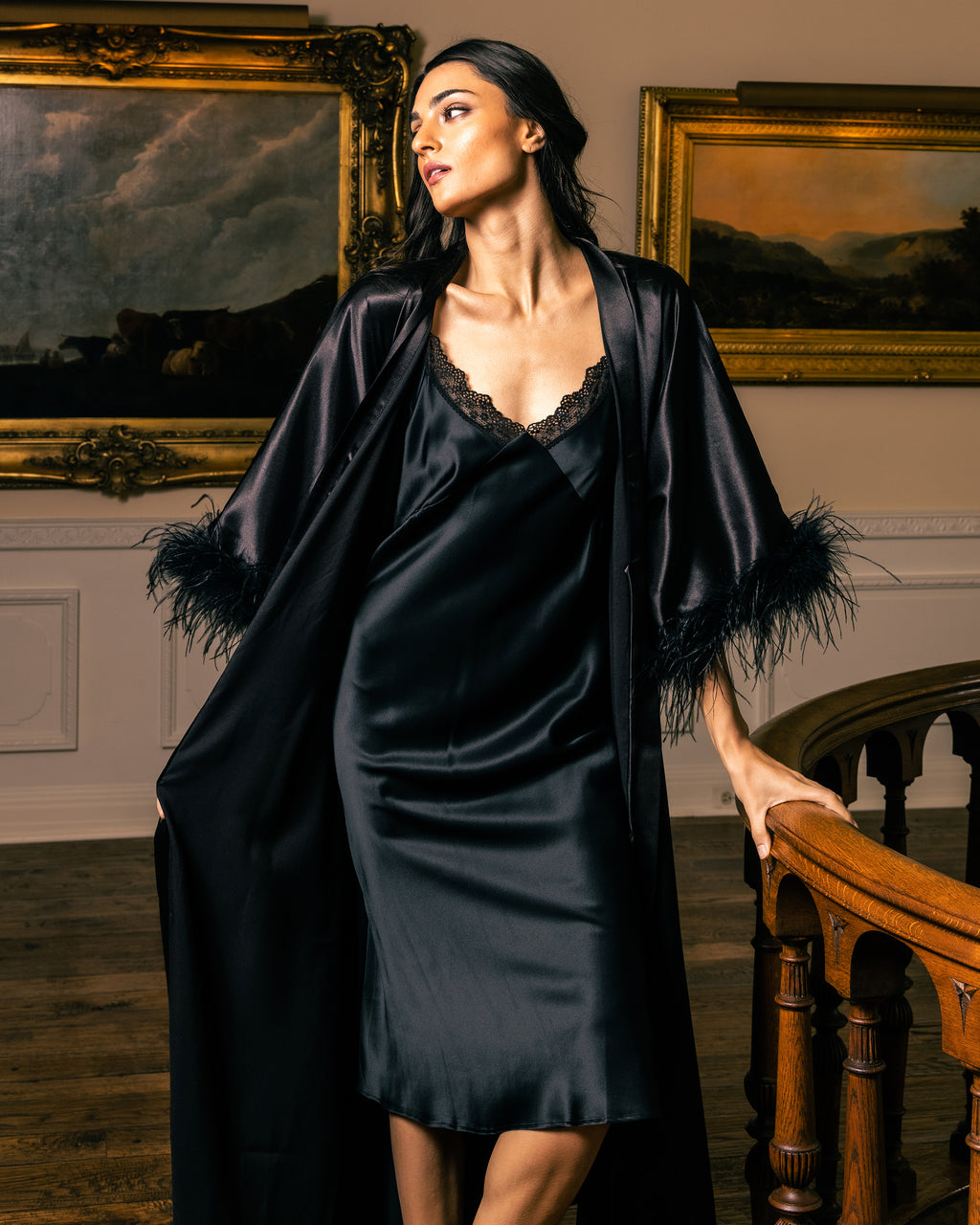 Silk satin nightgown in black with Leavers lace