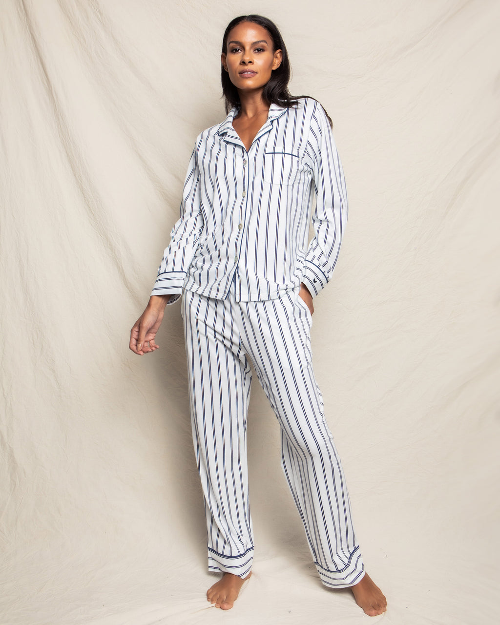 Ladies Egyptian Cotton Pyjamas, Blue & White Stripe