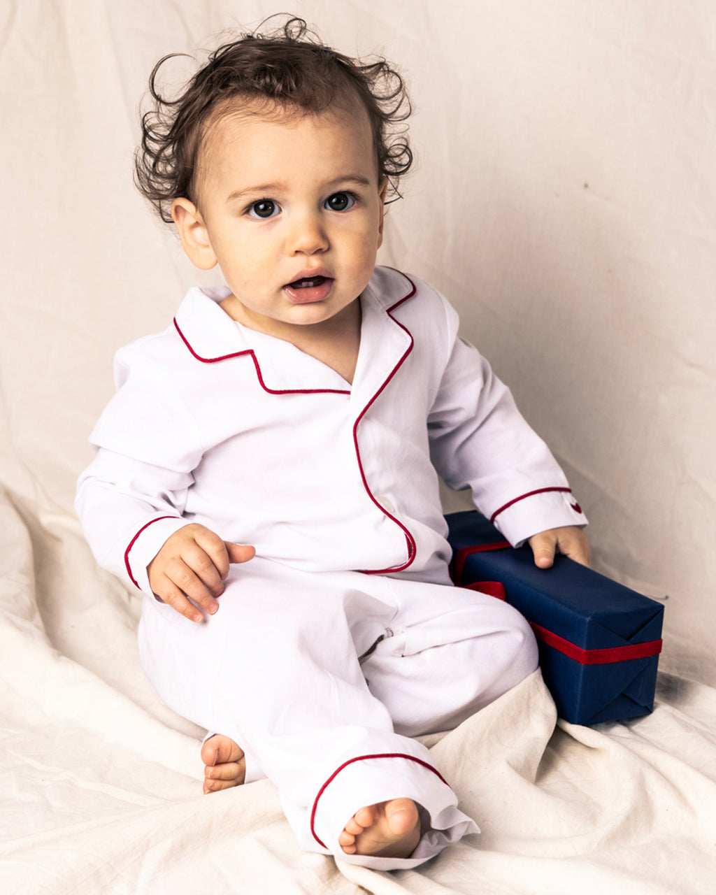 Infant's White Festive Romper With Red Piping 