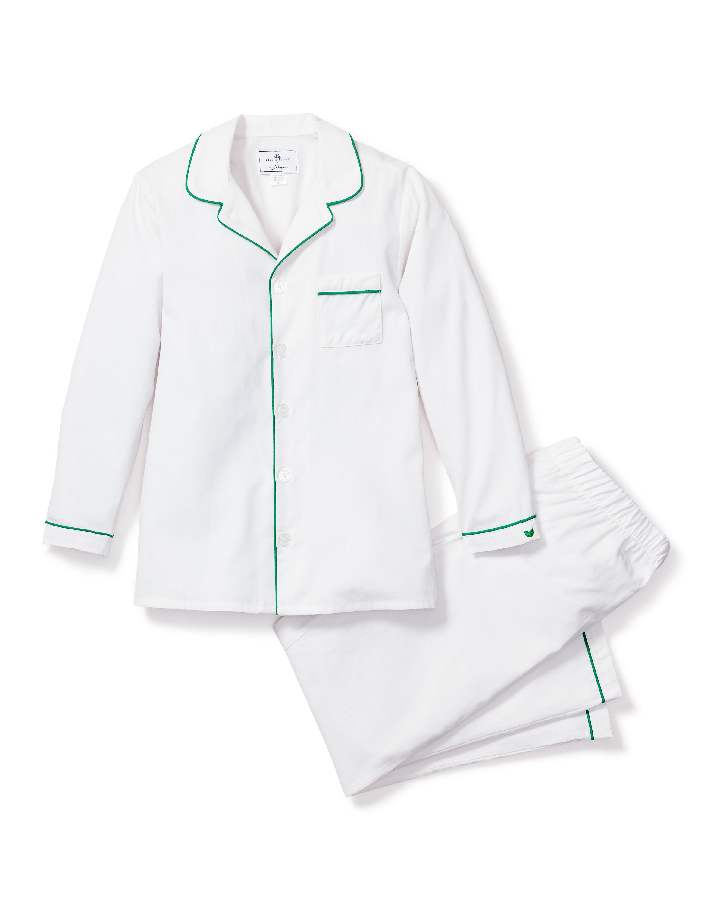 Kid's Twill Pajama Set in White with Green Piping