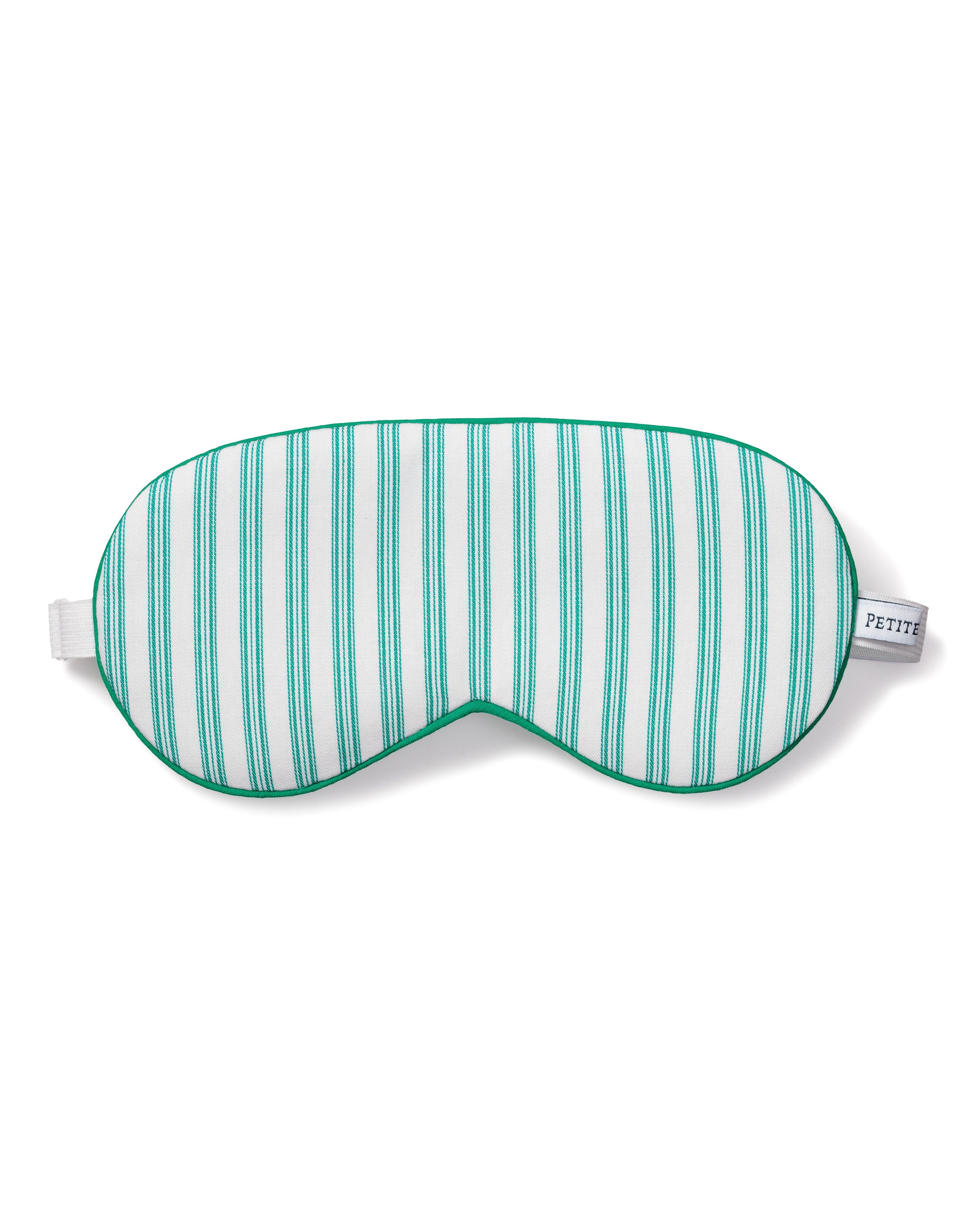 The Petite Plume Adults Twill Sleep Mask in Emerald Ticking features vertical green and white stripes, a white elastic band, and a small side tag. Its easy to pair with matching eye masks, making it an ideal gift for any occasion.