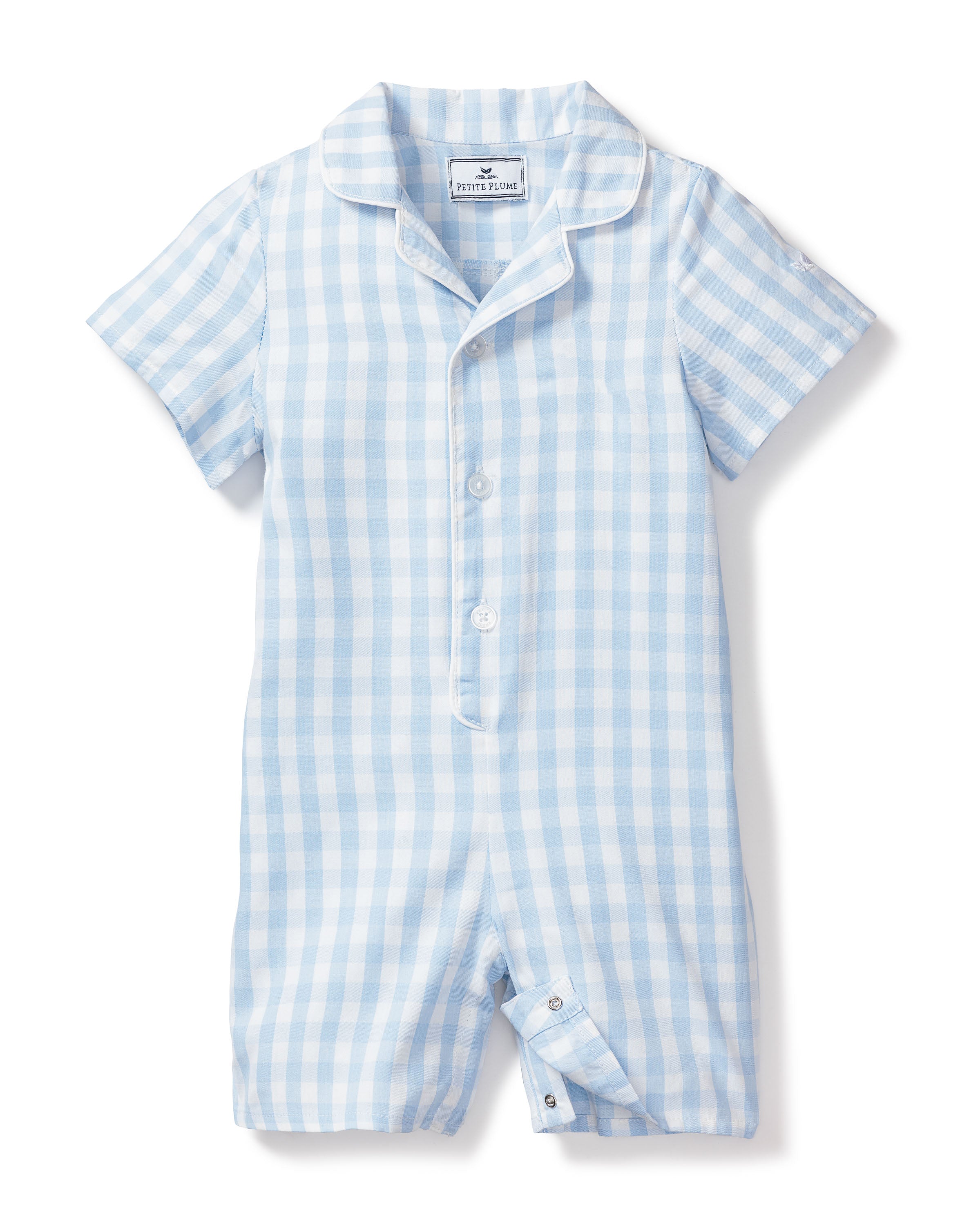 Baby's Twill Summer Romper in Light Blue Gingham