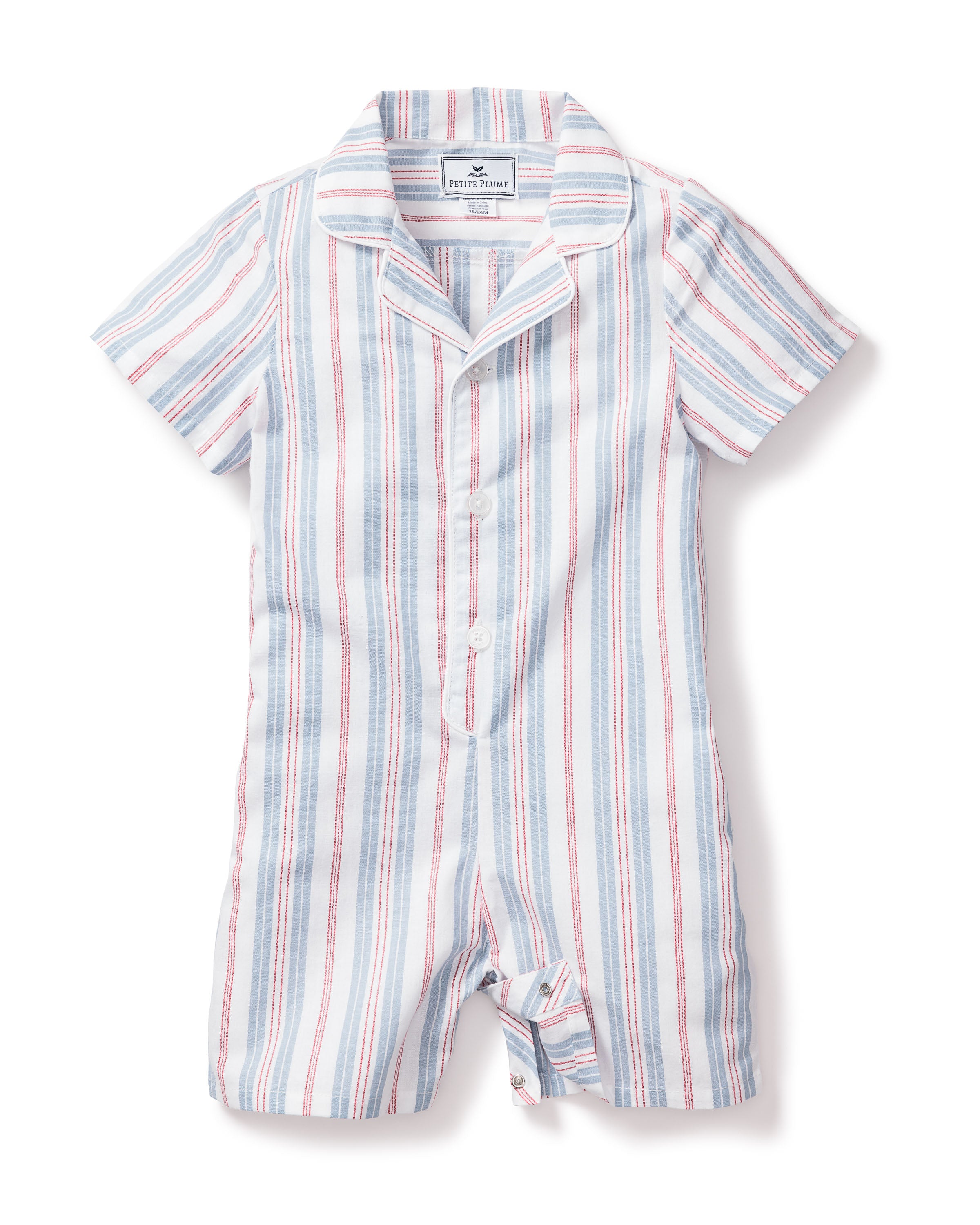 Petite Plumes Babys Twill Summer Romper in Vintage French Stripes boasts a classic design with white, blue, and pink vertical stripes, short sleeves, a button-up front, collar, and inside neck label—perfectly capturing the charm of vintage-style pajamas.