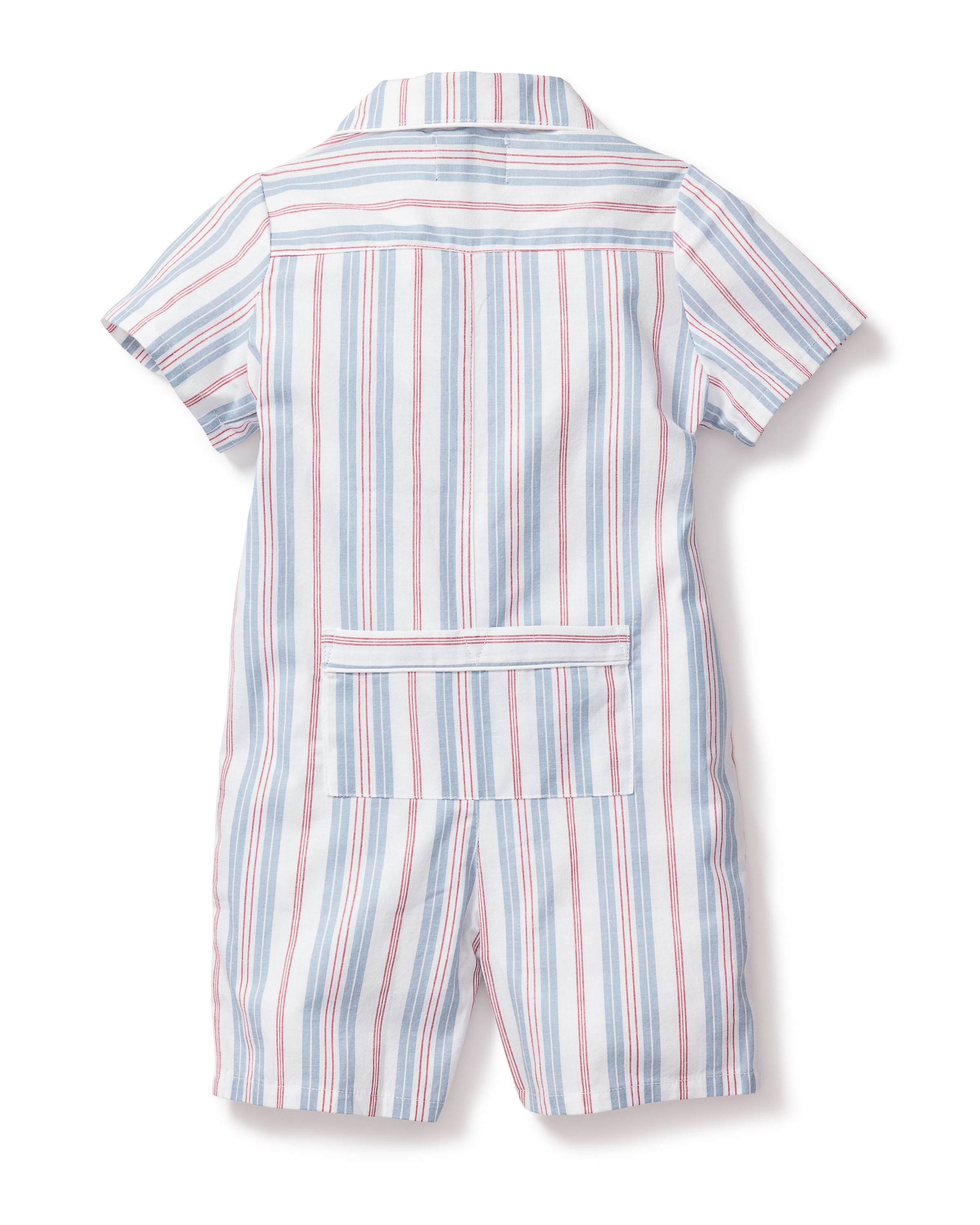 The Babys Twill Summer Romper by Petite Plume offers a charming vintage look with pastel vertical stripes in blue, pink, and white. It features a collar, closed back pocket and is made from lightweight fabric for timeless appeal.