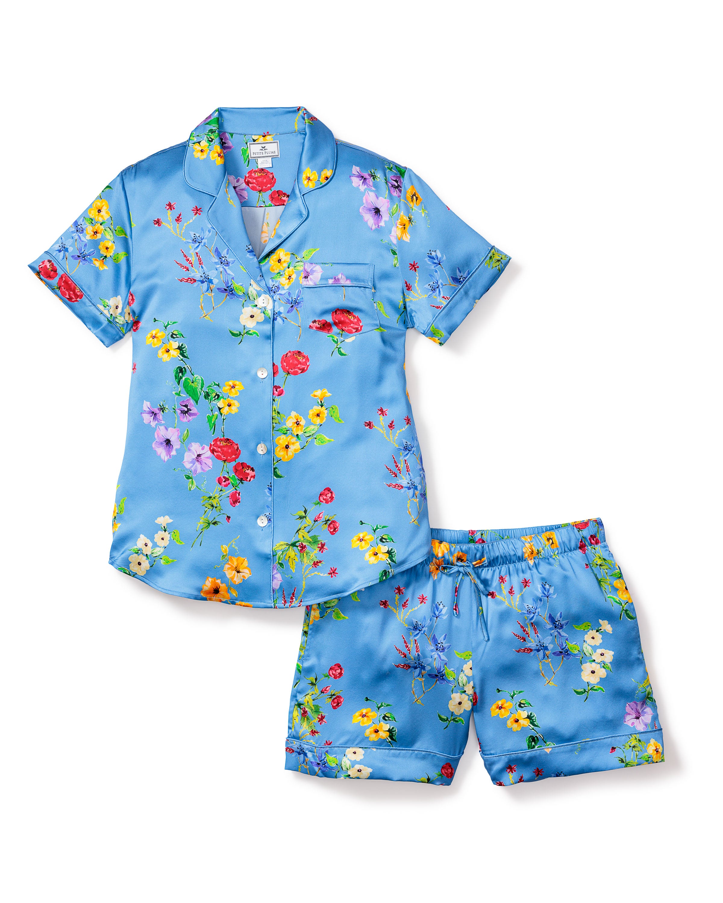 Women's Silk Pajama Short Set in Brilliant Botanical Azure