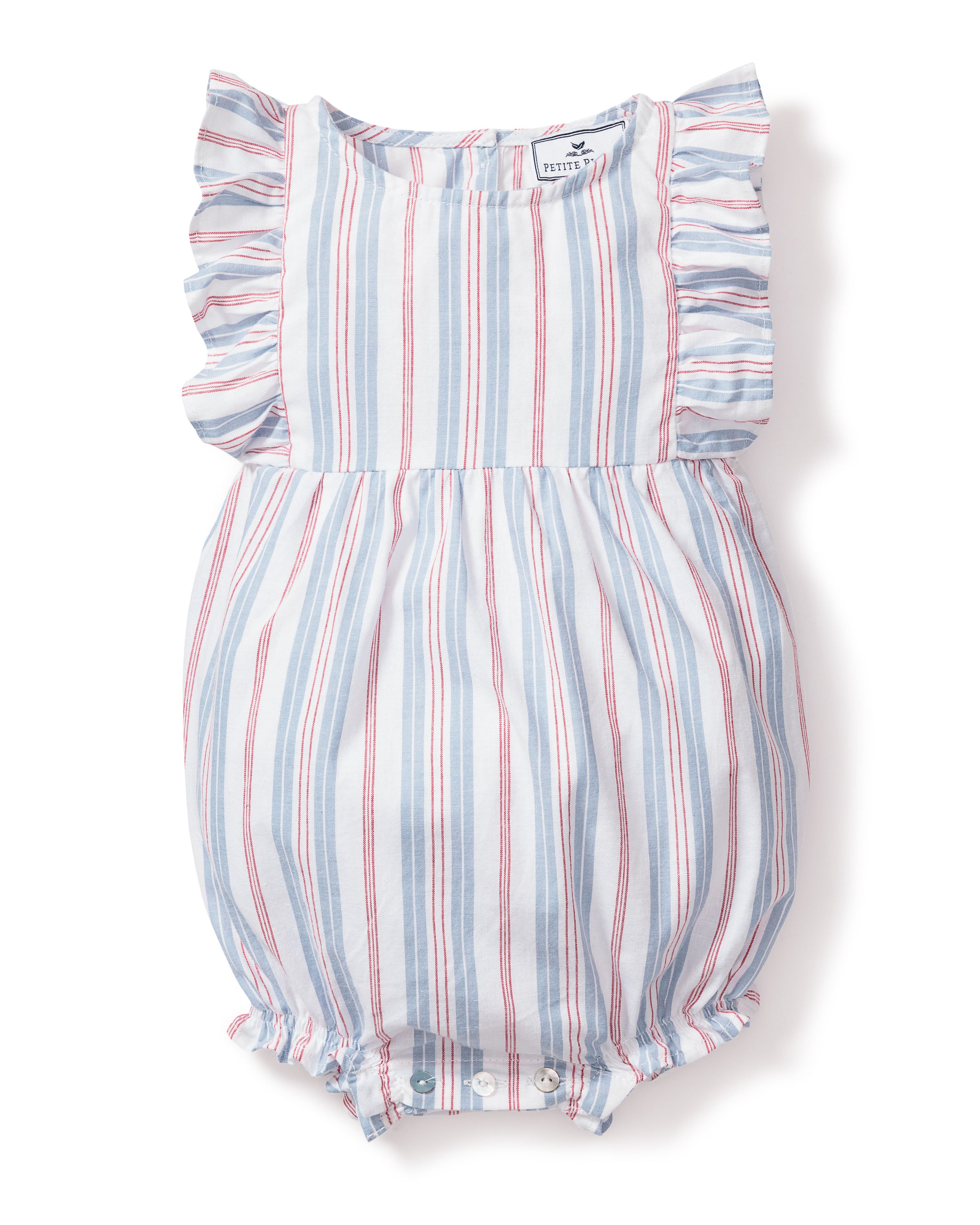 The Babys Twill Ruffled Romper by Petite Plume features a vintage French stripe design with vertical blue and red stripes on white. It includes ruffled sleeves, elastic leg openings, and bottom button closures for style and convenience.