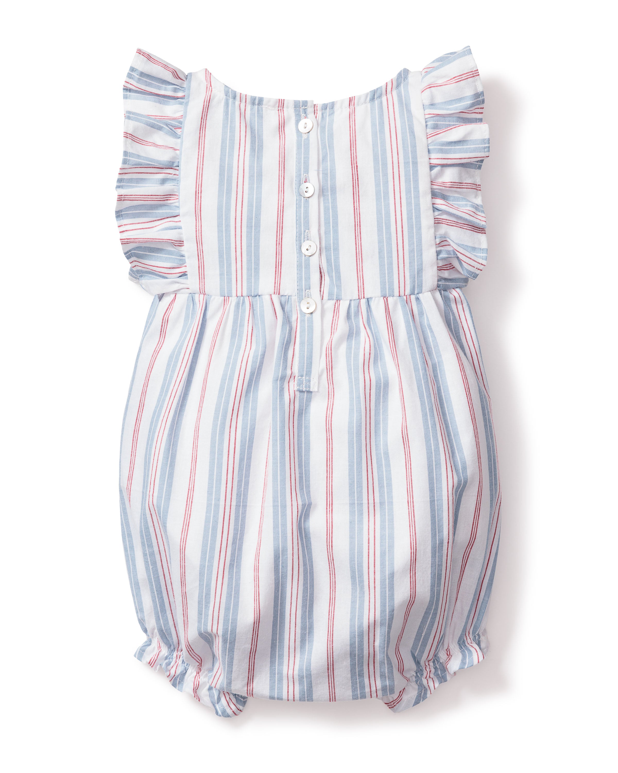 The Babys Twill Ruffled Romper by Petite Plume features vintage French stripes in blue and red on white, with ruffled sleeves, front buttons, and elastic leg openings, offering a charming Victorian style that combines comfort with timeless elegance.