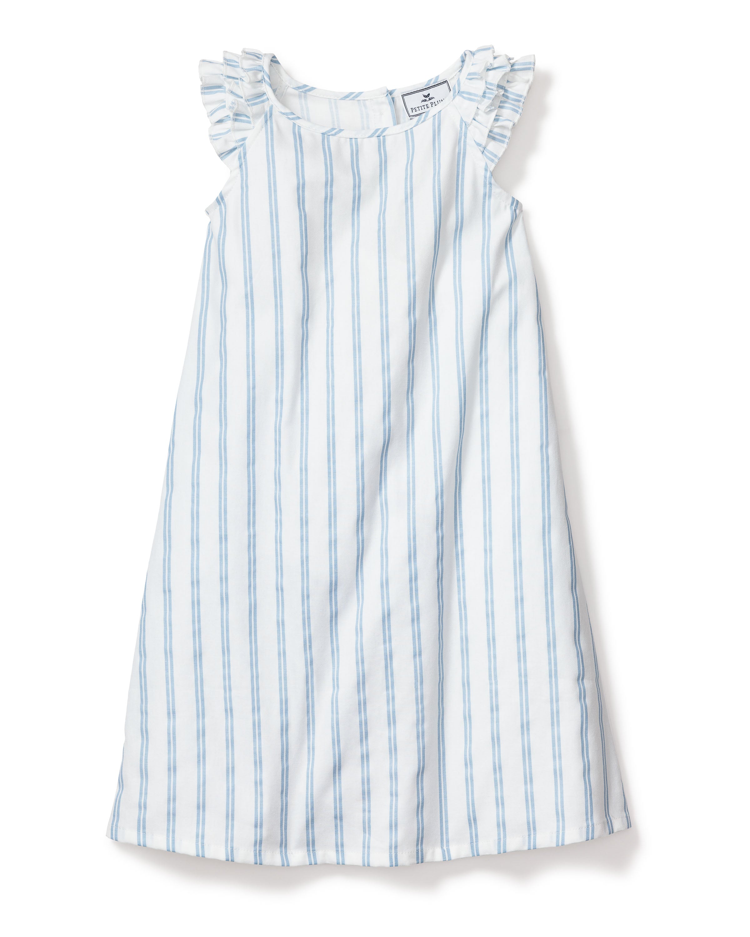 The Petite Plume Girls Twill Amelie Nightgown in Periwinkle Stripe is a sleeveless, knee-length white dress with vertical blue stripes, ruffled shoulders, and a round neckline, crafted from lightweight woven cotton for breezy elegance on any occasion.