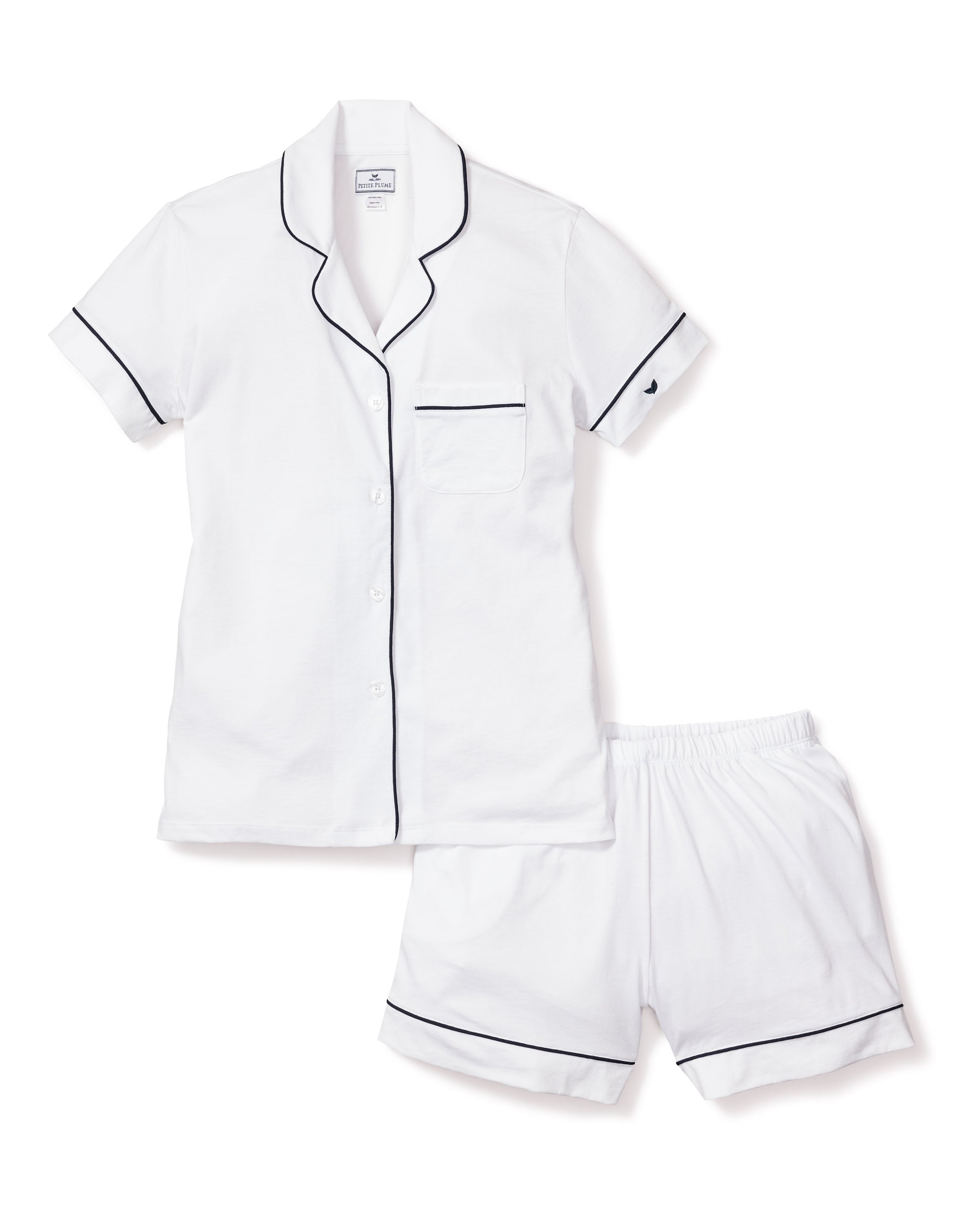 Petite Plumes Womens Pima Pajama Short Set features a white design with navy piping, crafted from cotton twill. It includes a button-up top with a chest pocket and collar, paired with matching shorts for an elegant look.