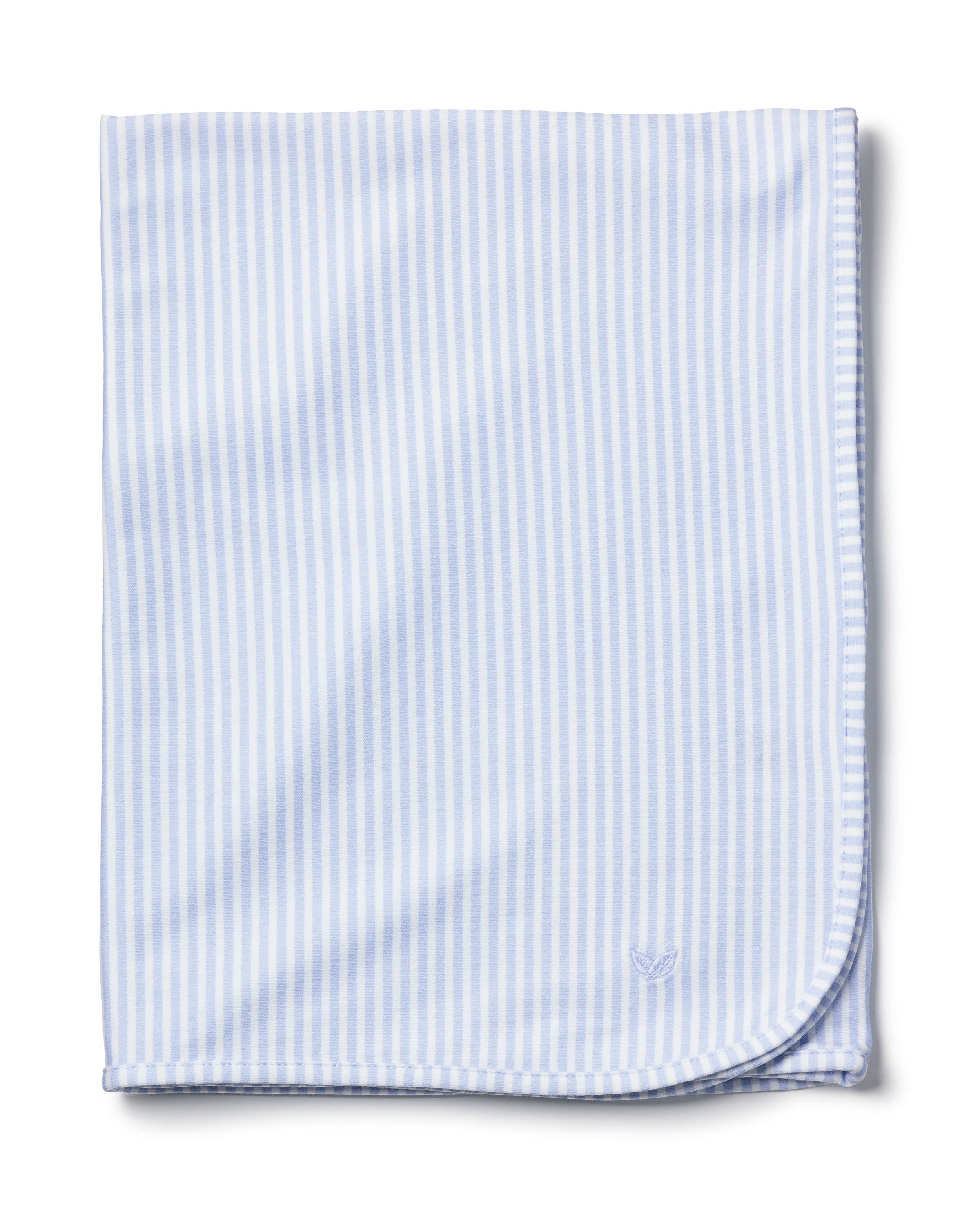 The Pima Baby Blanket in Blue Stripes by Petite Plume is crafted from soft Peruvian Pima Cotton, featuring light blue and white vertical stripes, slightly rounded corners, and a small blue embroidered logo near the edge.