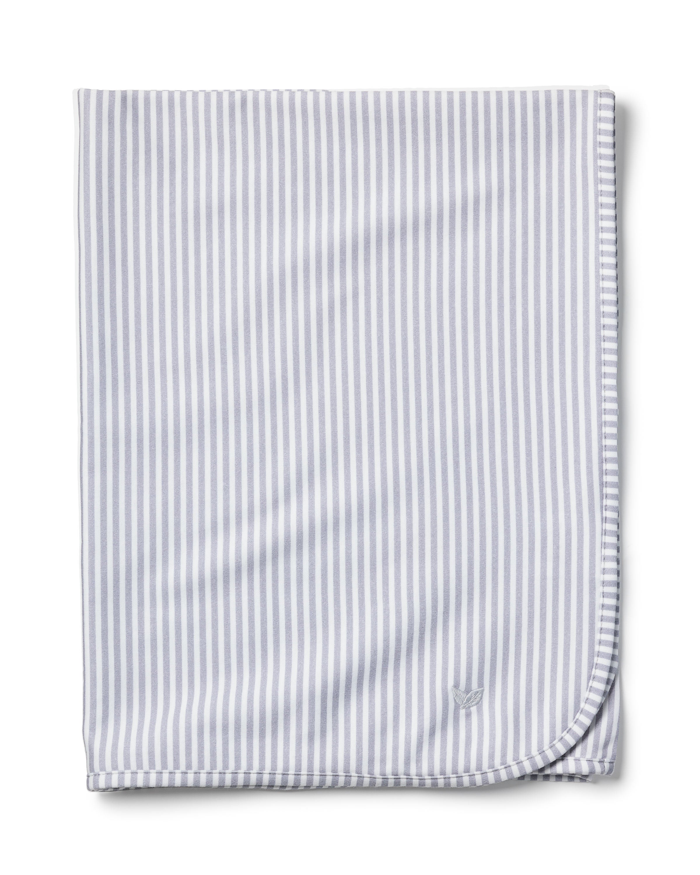 The Pima Baby Blanket in Grey Stripes by Petite Plume rests on a white background, showcasing its soft, lightweight Peruvian Pima Cotton fabric. It features light gray and white stripes with a cozy feel and a small embroidered logo near the bottom edge.