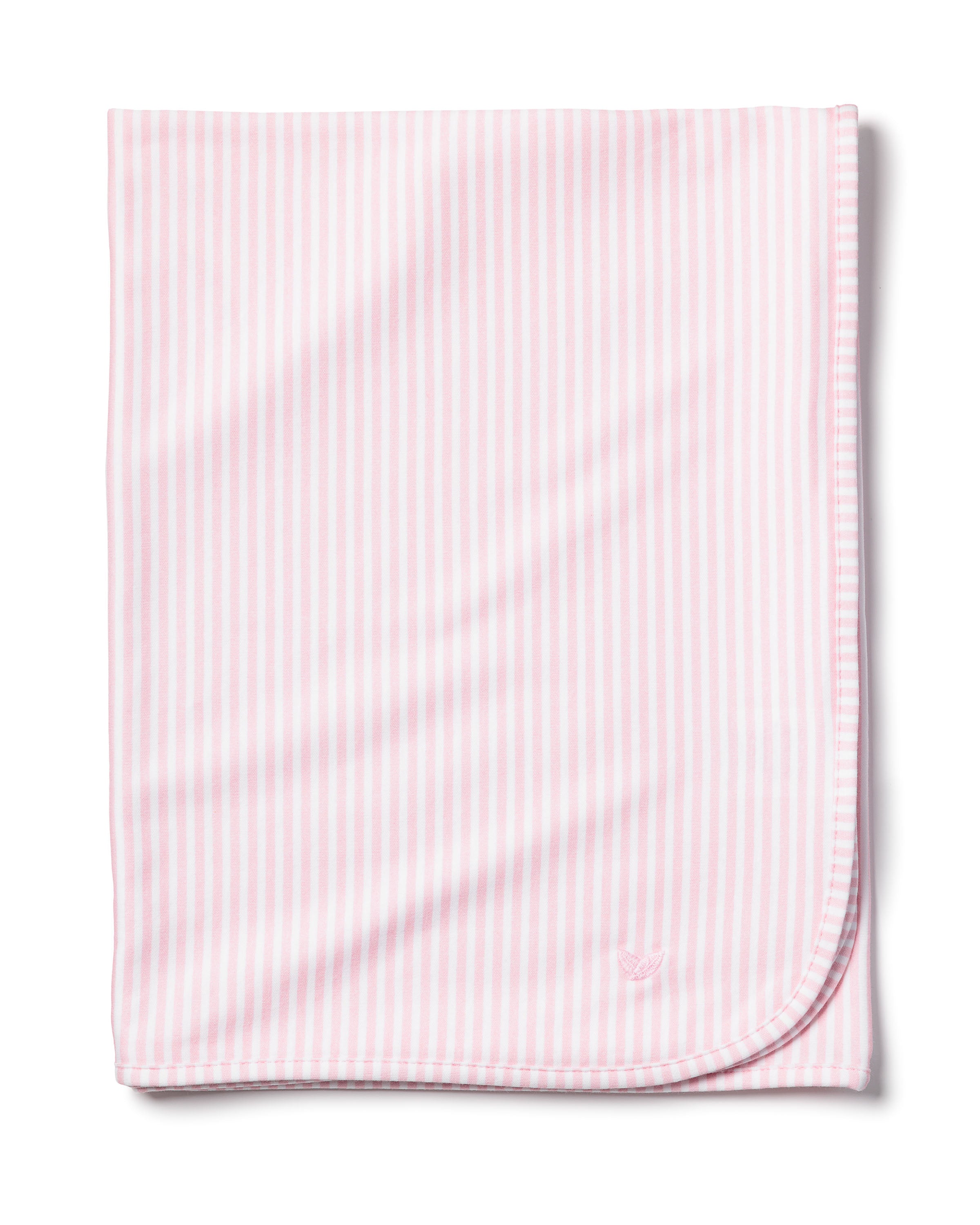 The Pima Baby Blanket in Pink Stripes by Petite Plume is a soft pink and white striped baby blanket with rounded corners, expertly crafted from Peruvian Pima Cotton, valued for its exceptional softness, and neatly folded.