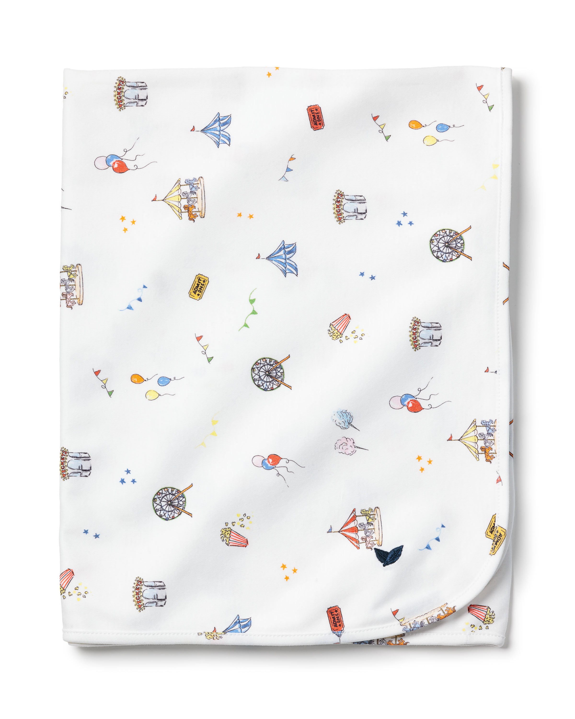 The Petite Plume Pima Baby Blanket in Carnival Memories showcases a whimsical design with playful illustrations of carousels, balloons, bears, elephants, stars, and kites on soft white Pima cotton. Perfect for enhancing any maternity collection.