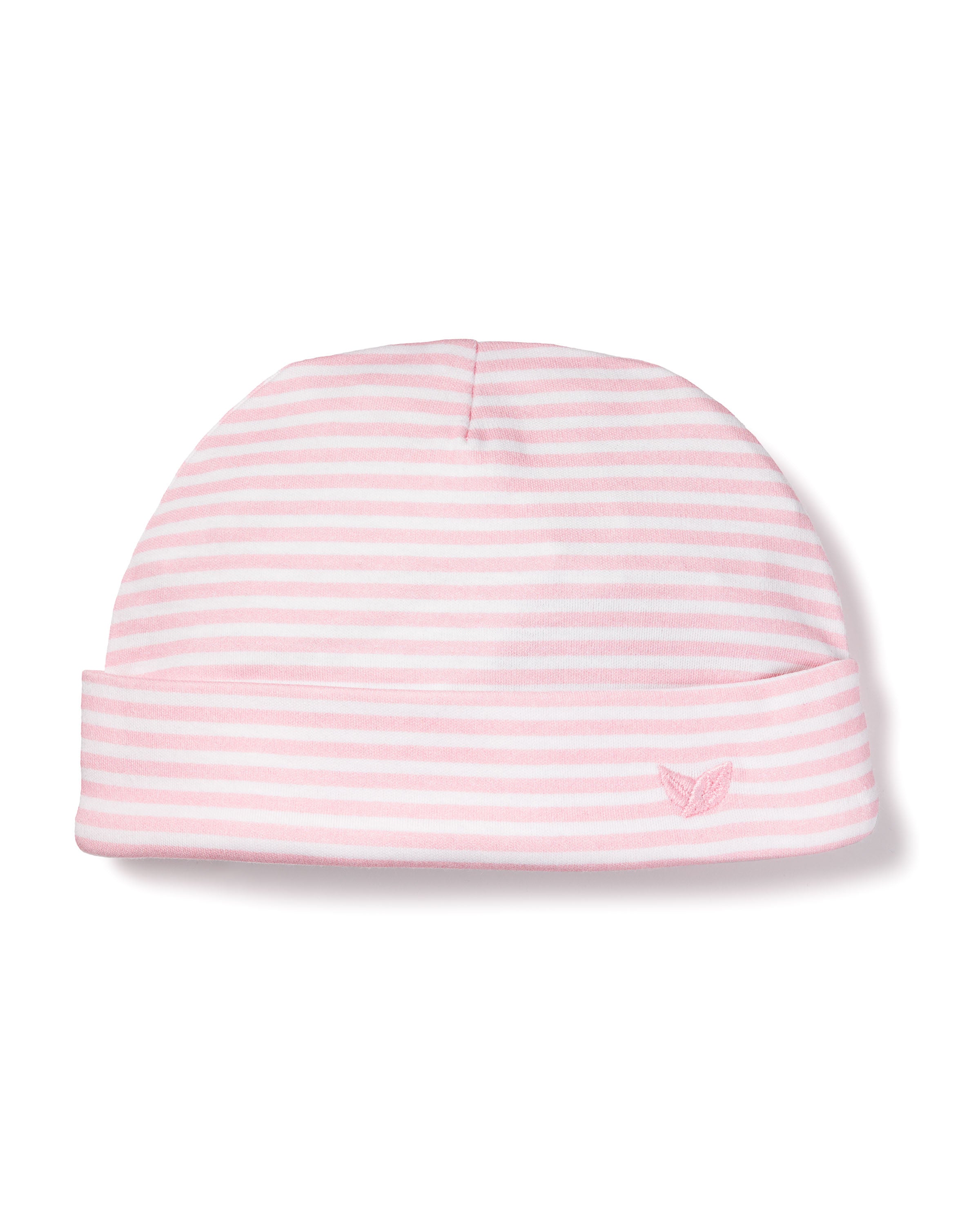 The Babys Pima Hat in Pink Stripes by Petite Plume is a pink and white striped baby hat made from soft Peruvian Pima Cotton, featuring an embroidered emblem on the folded rim, making it ideal for infants.