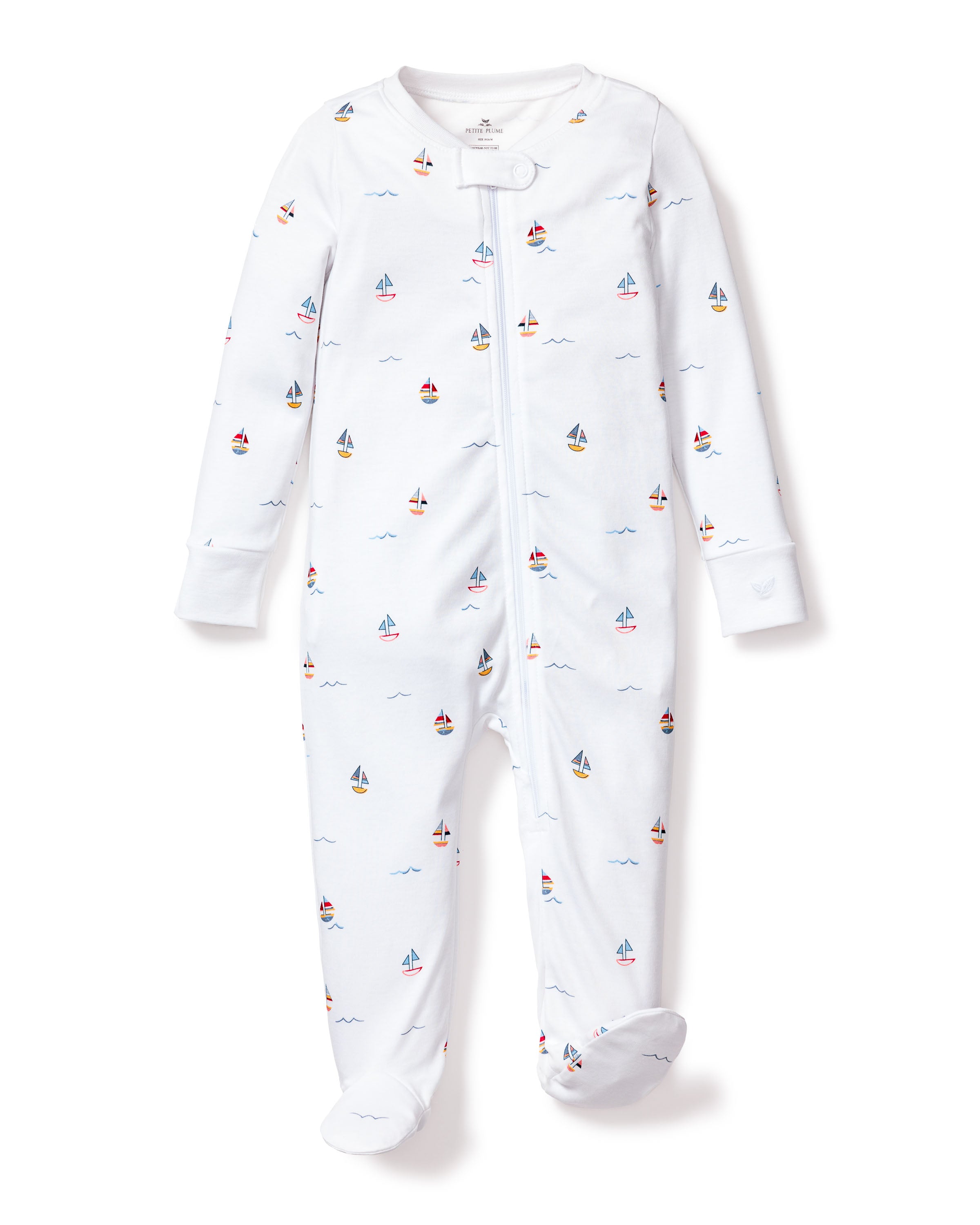 Petite Plumes Babys Pima Romper in Bateau is a white, footed baby onesie featuring a vibrant Bateau print and front zipper. Made from soft Pima cotton with long sleeves for comfort and warmth.