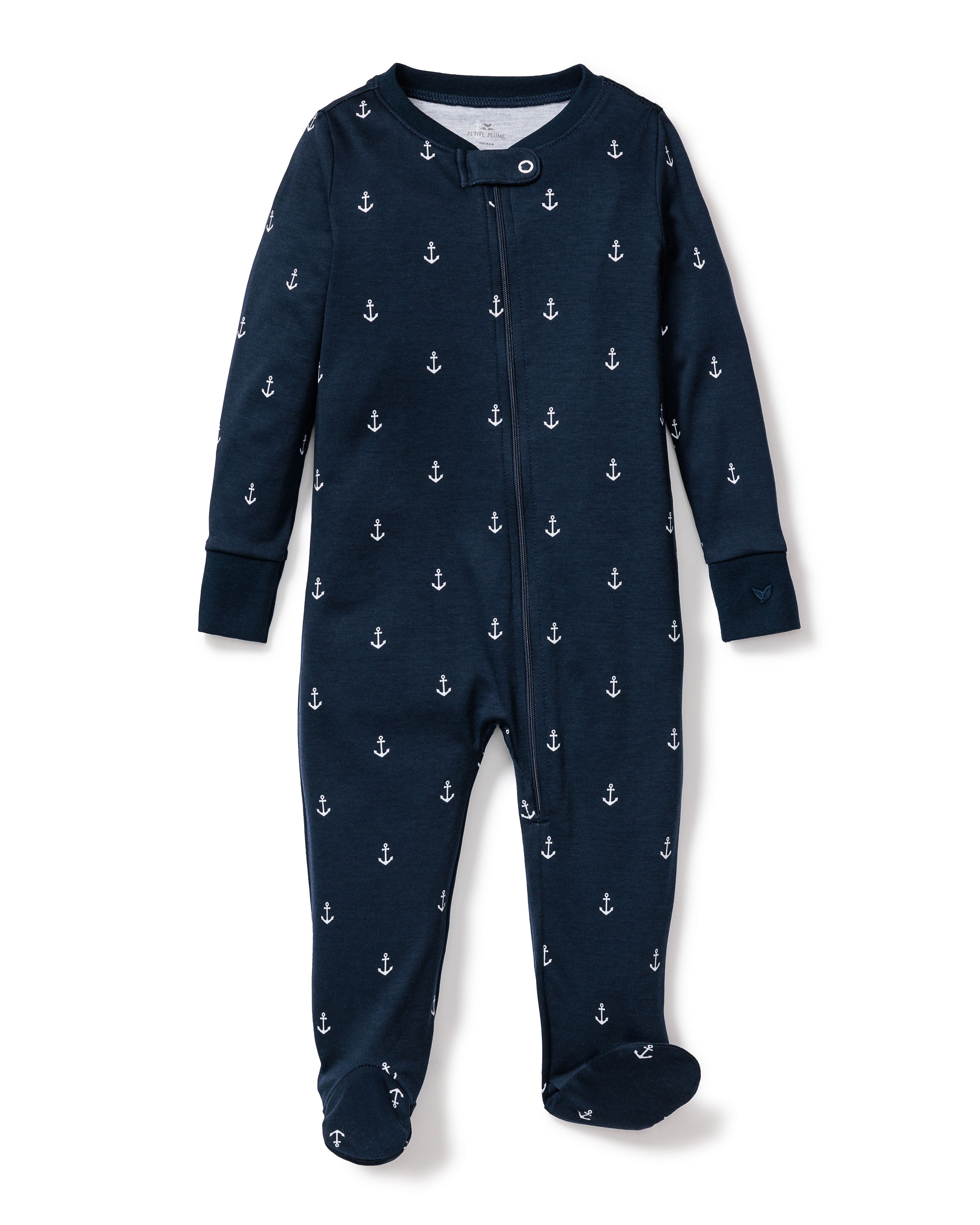 Petite Plumes Babys Pima Romper in Portsmouth Anchors features a navy blue design with small white anchors, long sleeves, footed bottoms, and a front zipper.