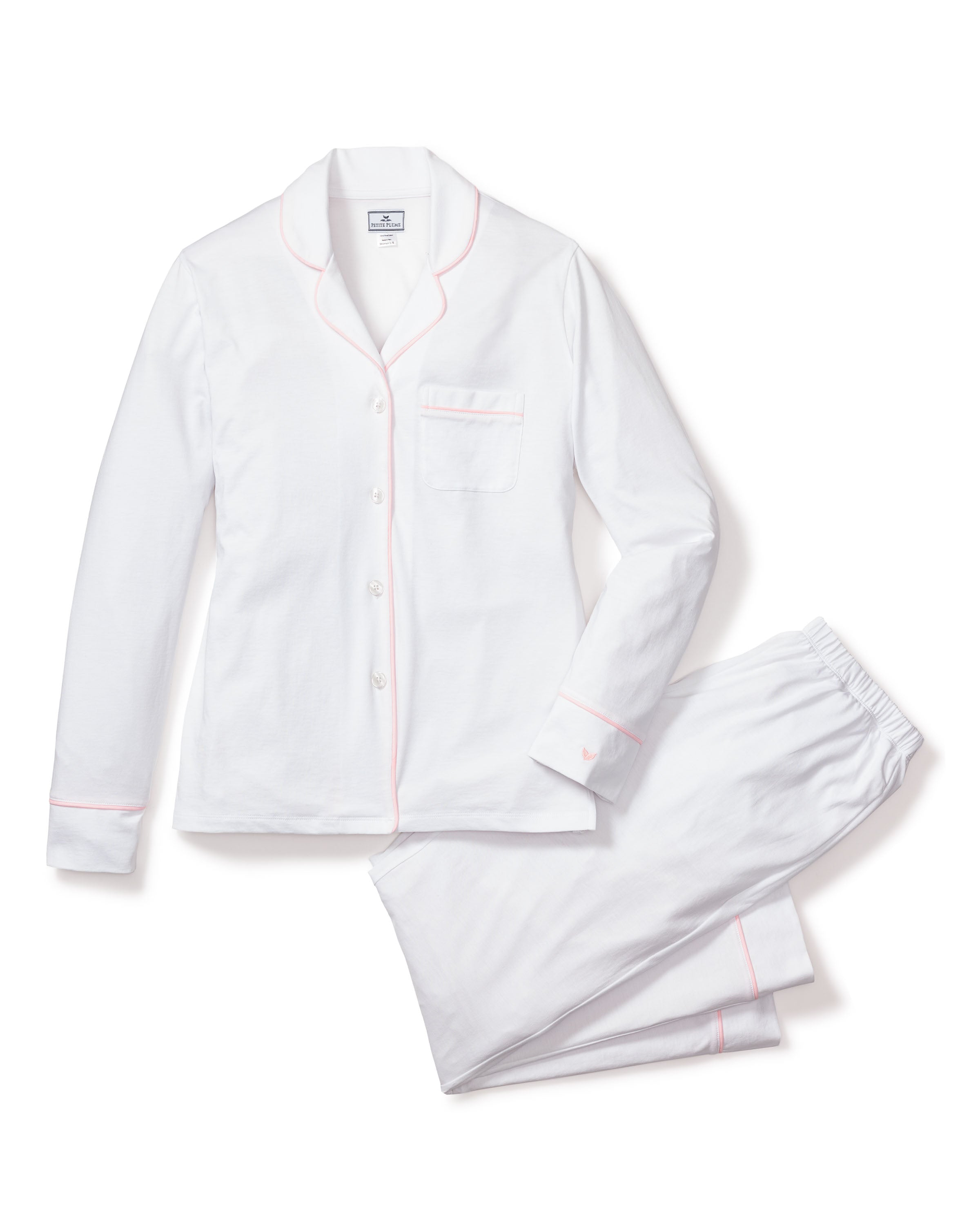 Women's Pima Pajama Set in White with Pink Piping