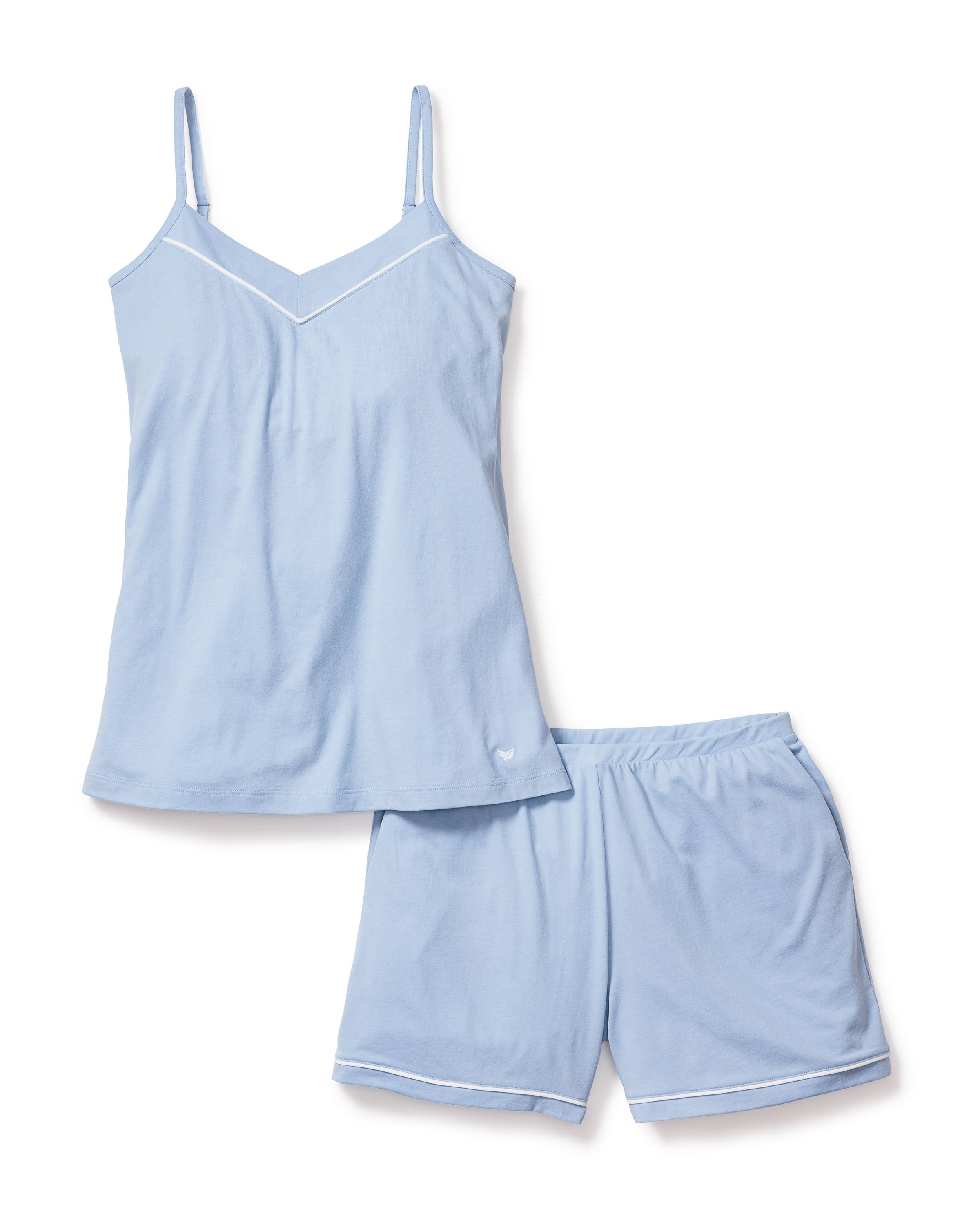 Womens Pima Sylvie Cami Short Set by Petite Plume in Periwinkle features a sleeveless, V-neck top with a built-in shelf bra and matching shorts, both detailed with subtle white piping on a plain white background.