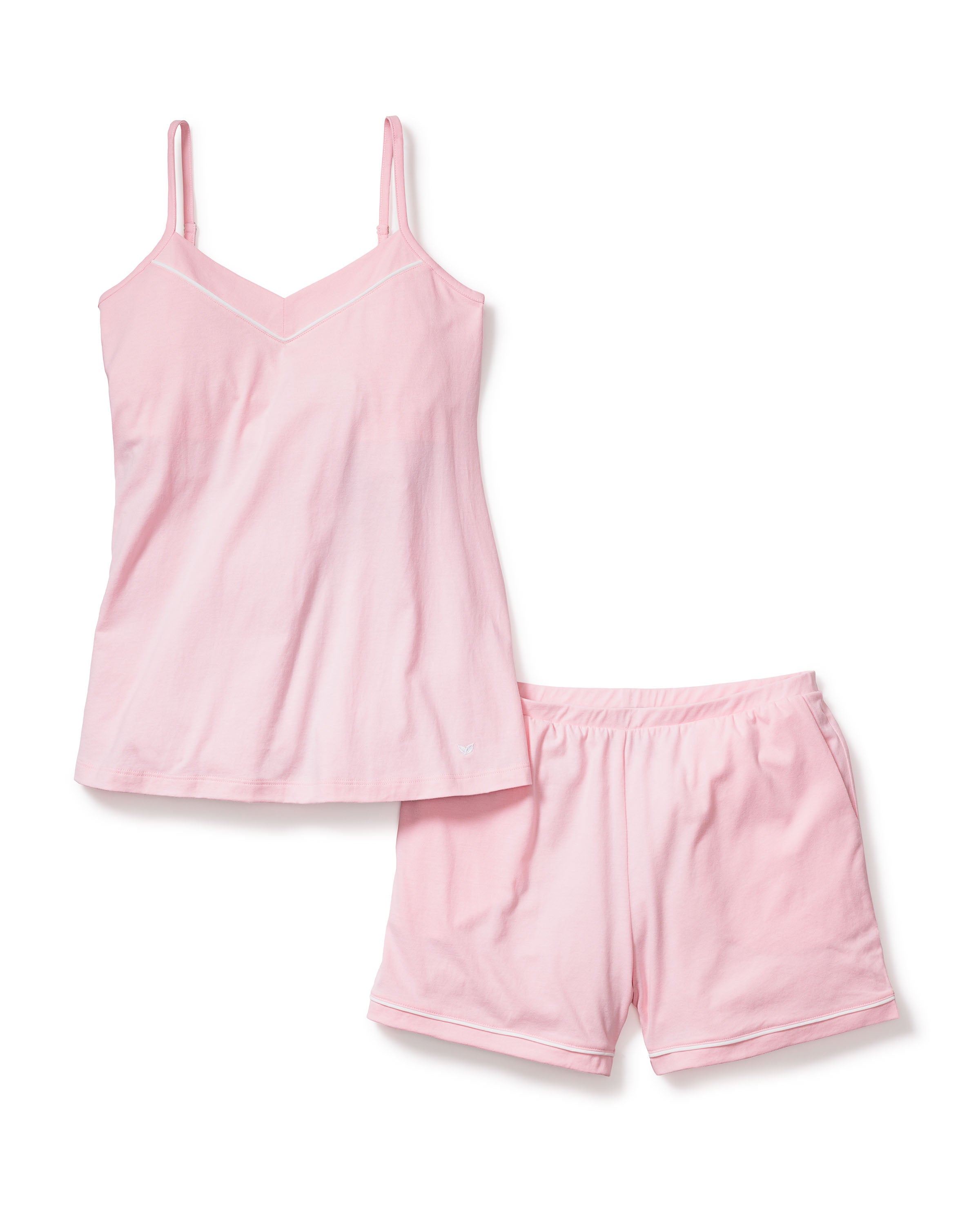 The Womens Pima Sylvie Cami Short Set in Pink by Petite Plume is a luxury pajama featuring a sleeveless V-neck cami with thin straps and matching shorts with an elastic waistband, all crafted from soft Pima cotton for optimal comfort.