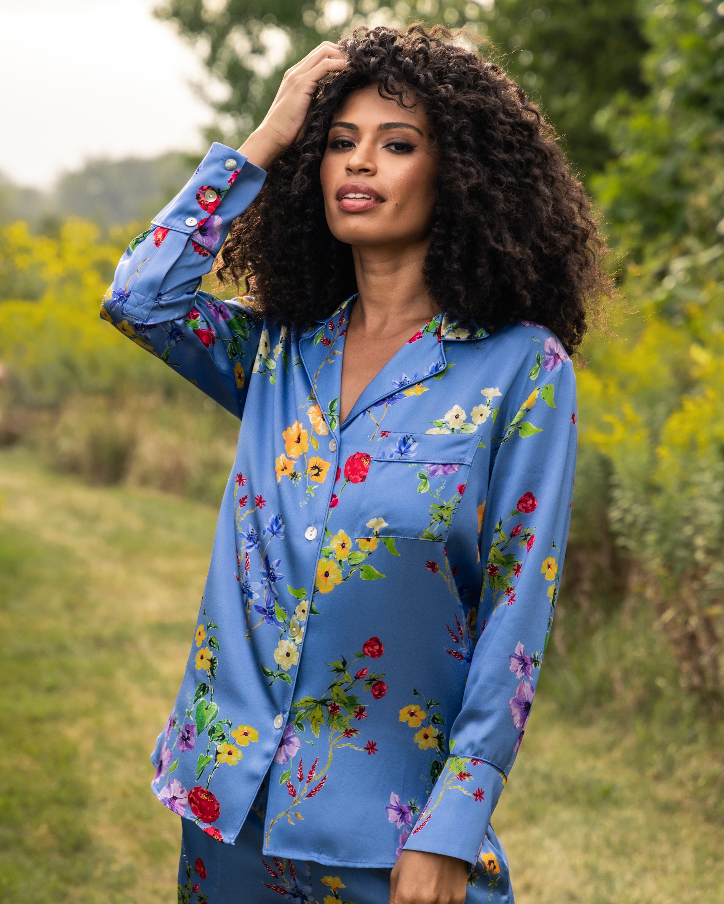 Women s Silk Pajama Set in Brilliant Botanical Azure