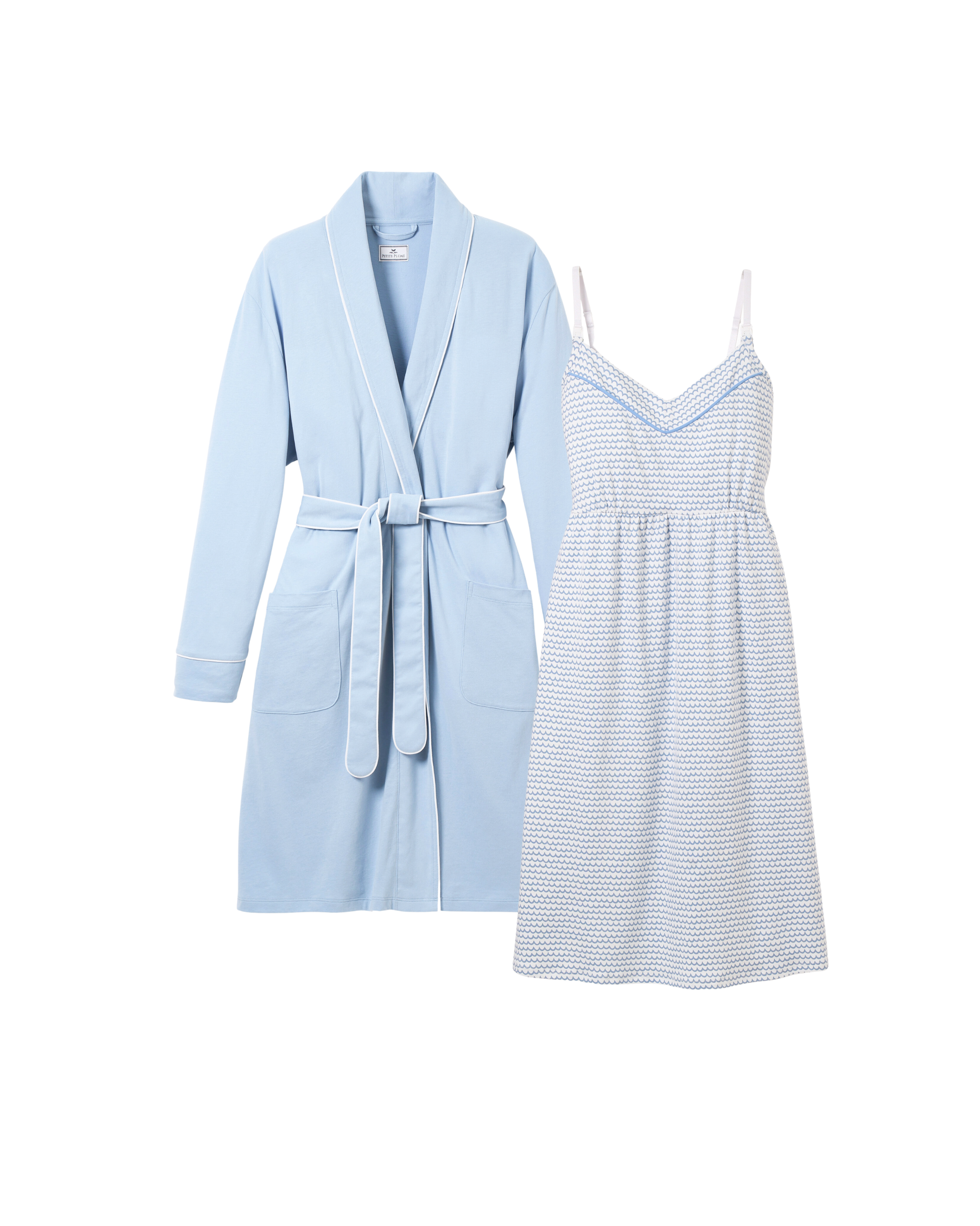 The Essential Maternity Set by Petite Plume features a light blue bathrobe with a belt and a sleeveless, knee-length dress in a blue and white chevron pattern. Ideal for pregnancy, both garments are showcased against a white background.