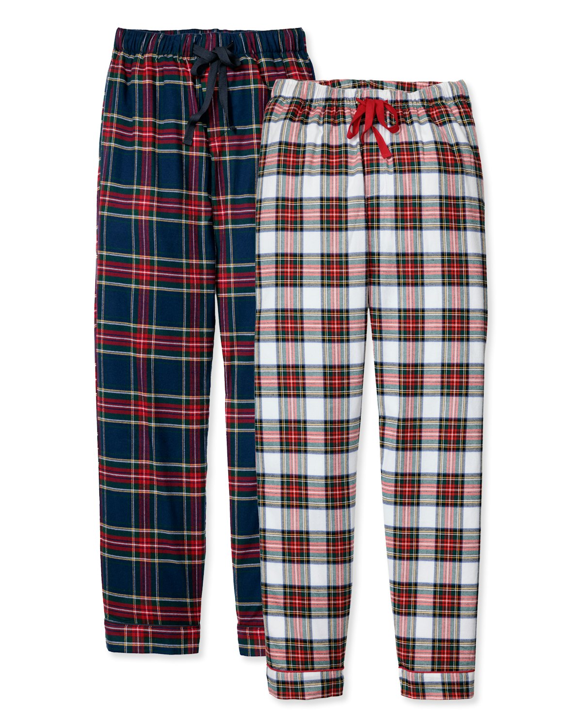 The Petite Plume Men’s Brushed Cotton Tartan Pajama Pant Duo includes two pairs of plaid pants: one with dark blue, red, yellow tartan and a dark drawstring, the other in white, red, green patterns with a red drawstring for classic mens pajama style.