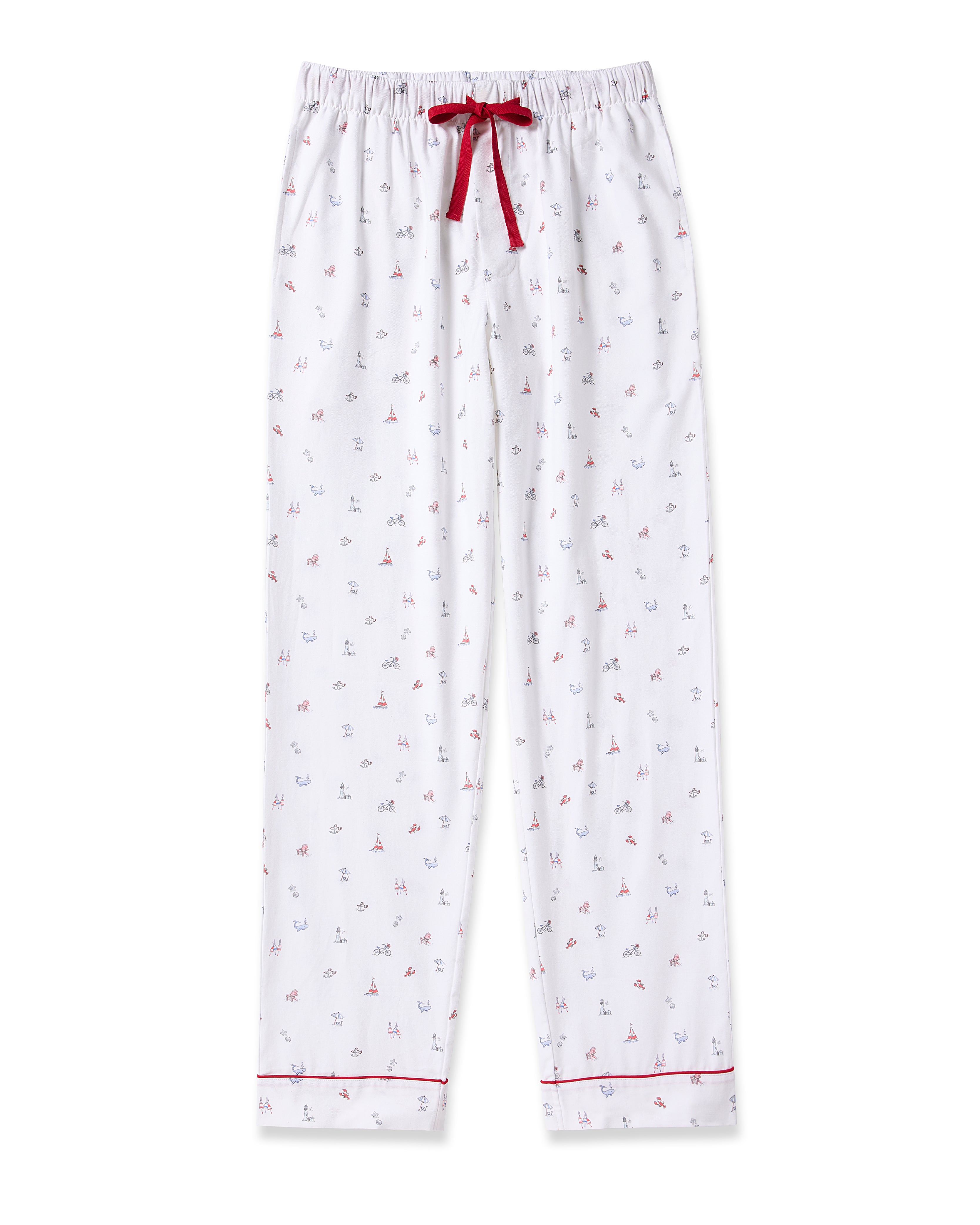 The Mens Twill Pajama Pant in Coastal Charms by Petite Plume features white fabric with colorful anchors and sailboats, a red drawstring, and cuffs accented with a thin red line for elegance, embodying luxurious cotton sleepwear.