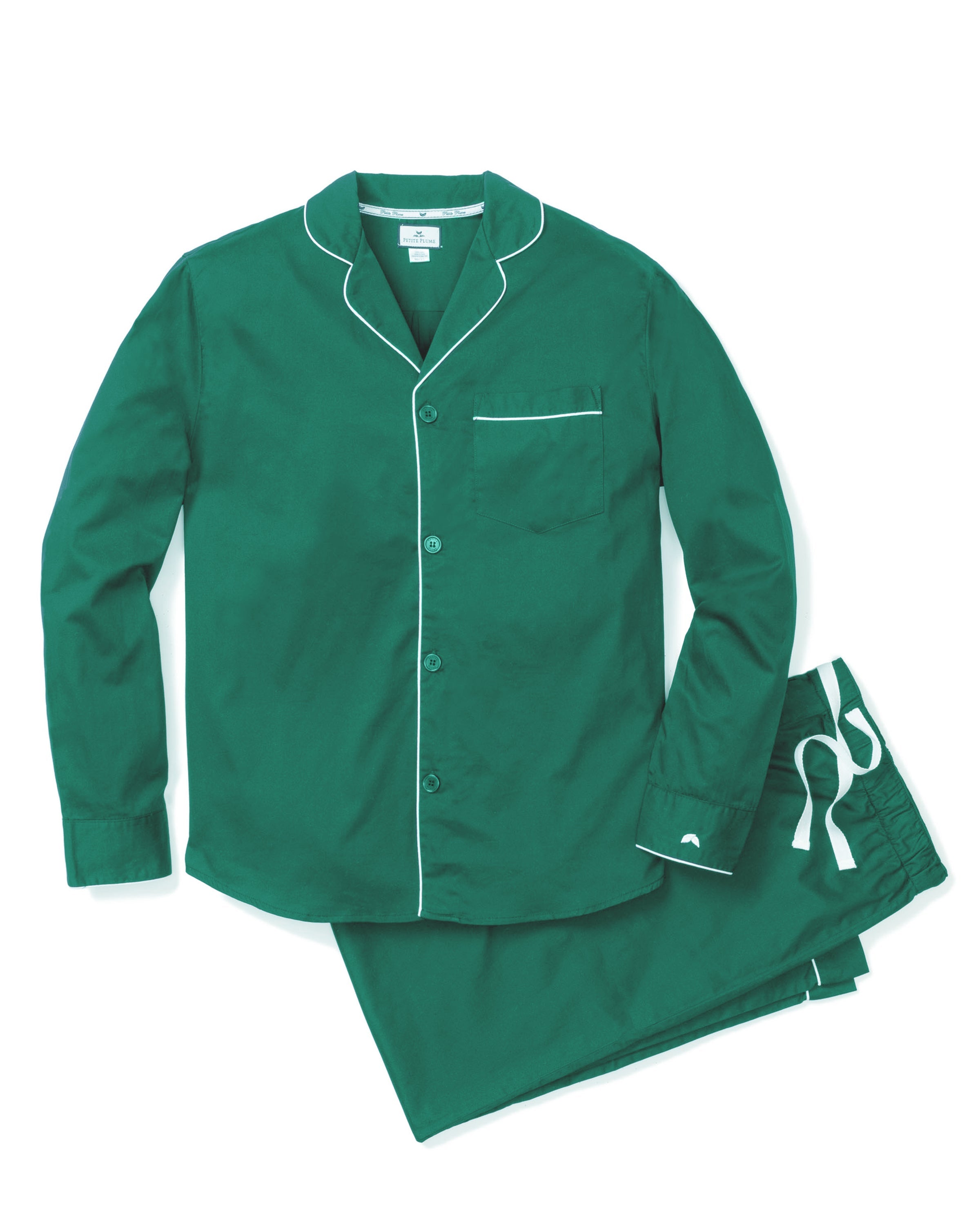 The Mens Flannel Pajama Set by Petite Plume in Forest Green is a luxurious cotton sleepwear collection. It features green pajamas with white piping, a button-up top with a chest pocket, and pants that have an elastic waistband and white drawstring for comfort.