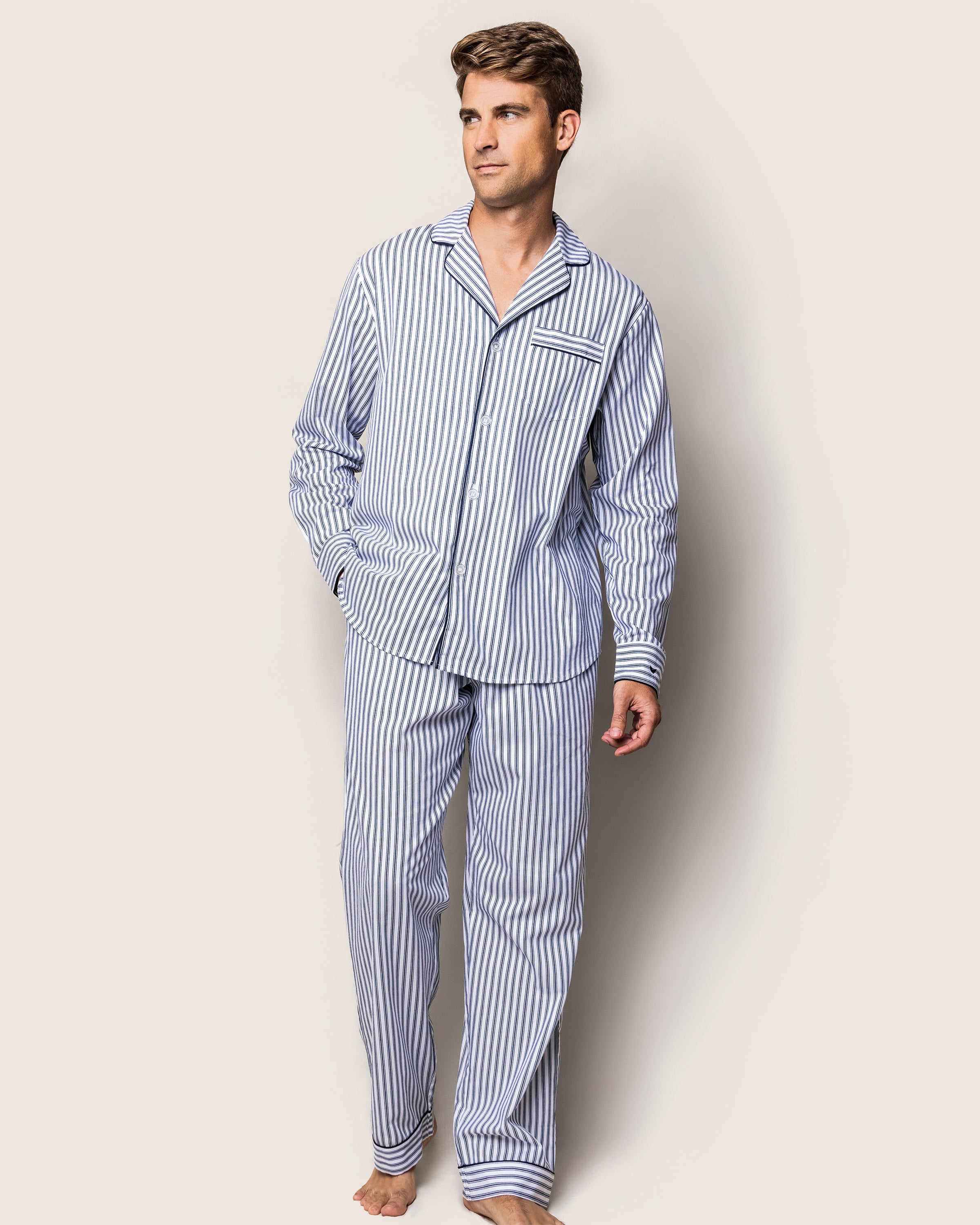 Men s Navy French Ticking Twill Pajamas Petite Plume