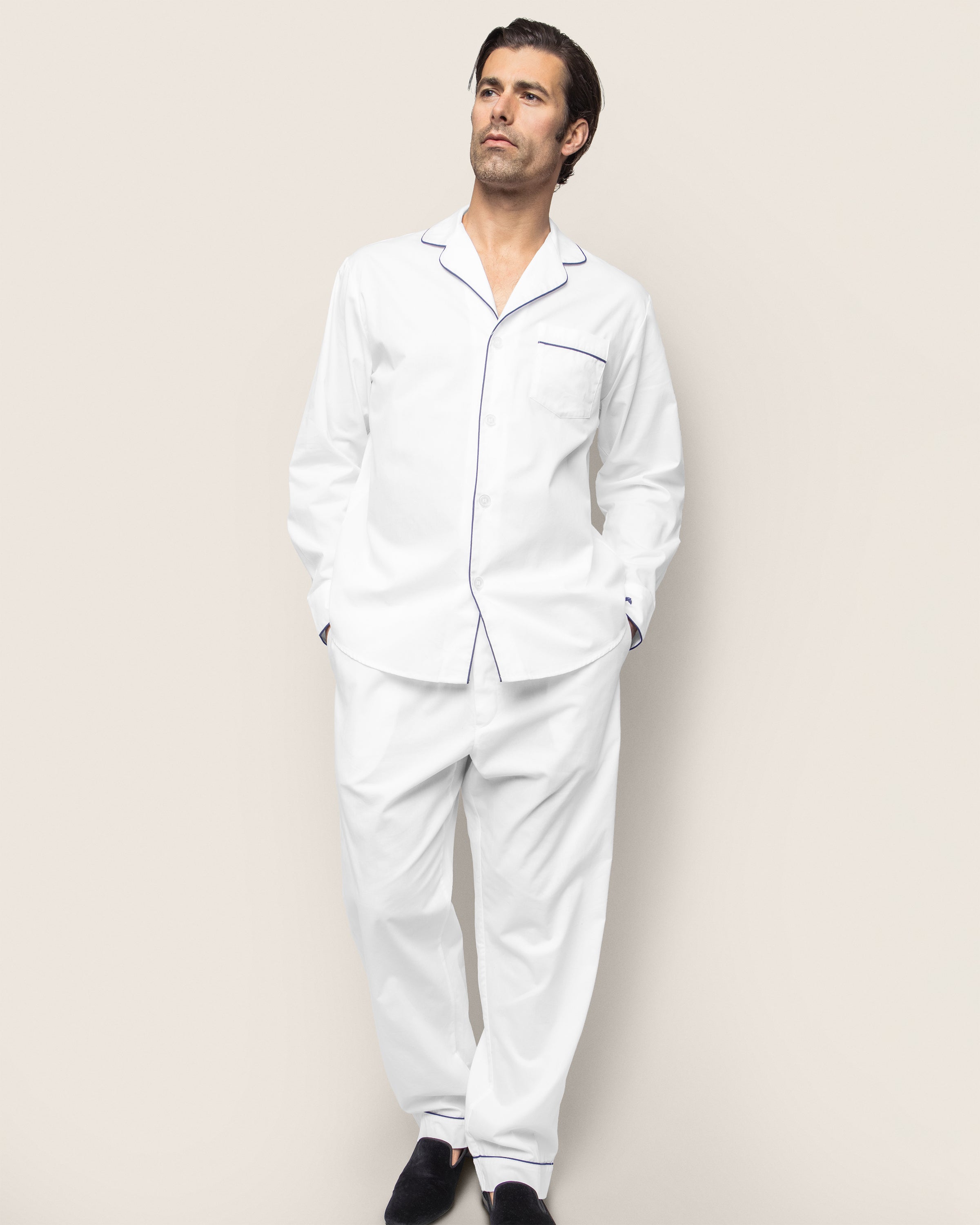 Men's Twill Pajama Set in White with Navy Piping