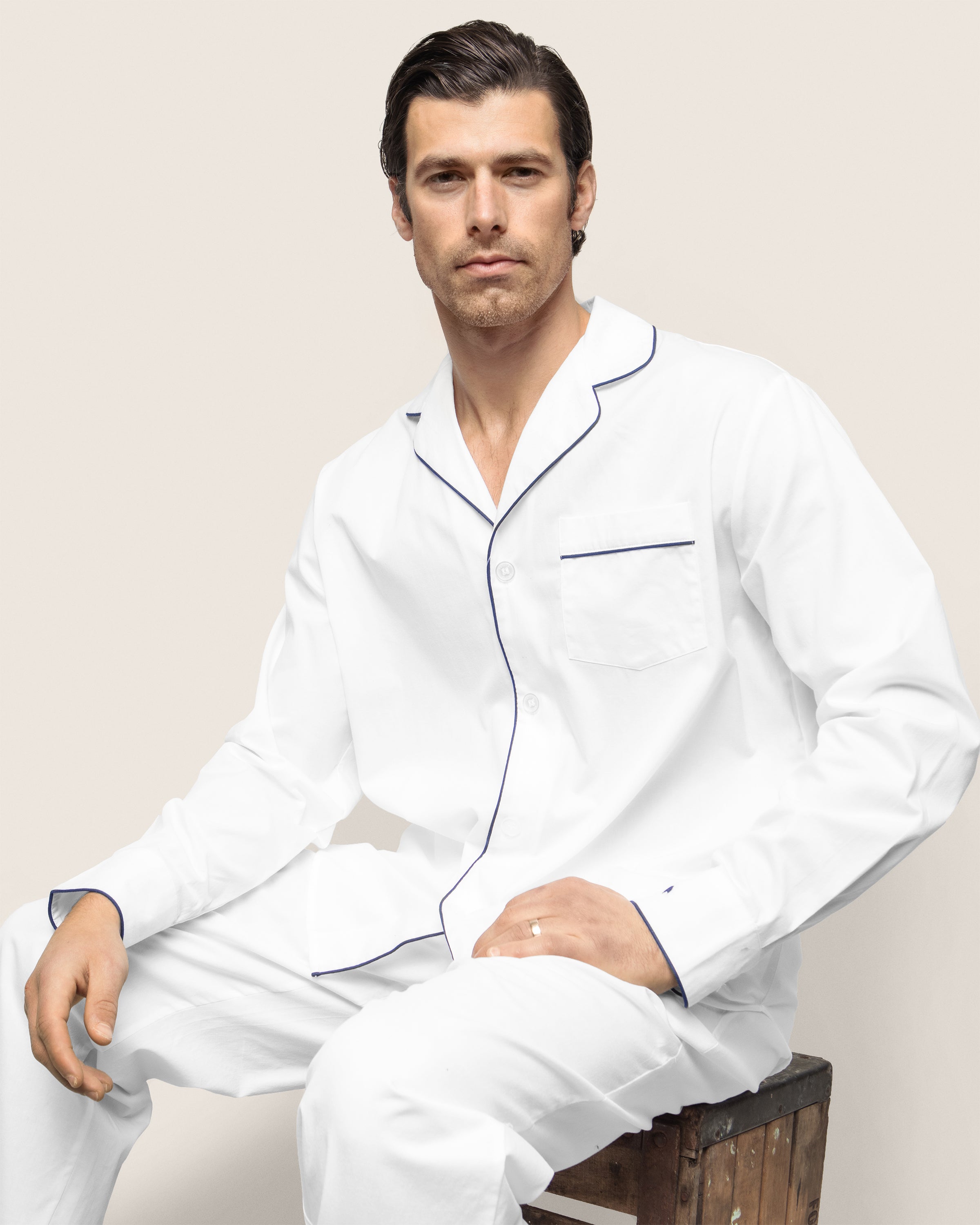 Men's Twill Pajama Set in White with Navy Piping