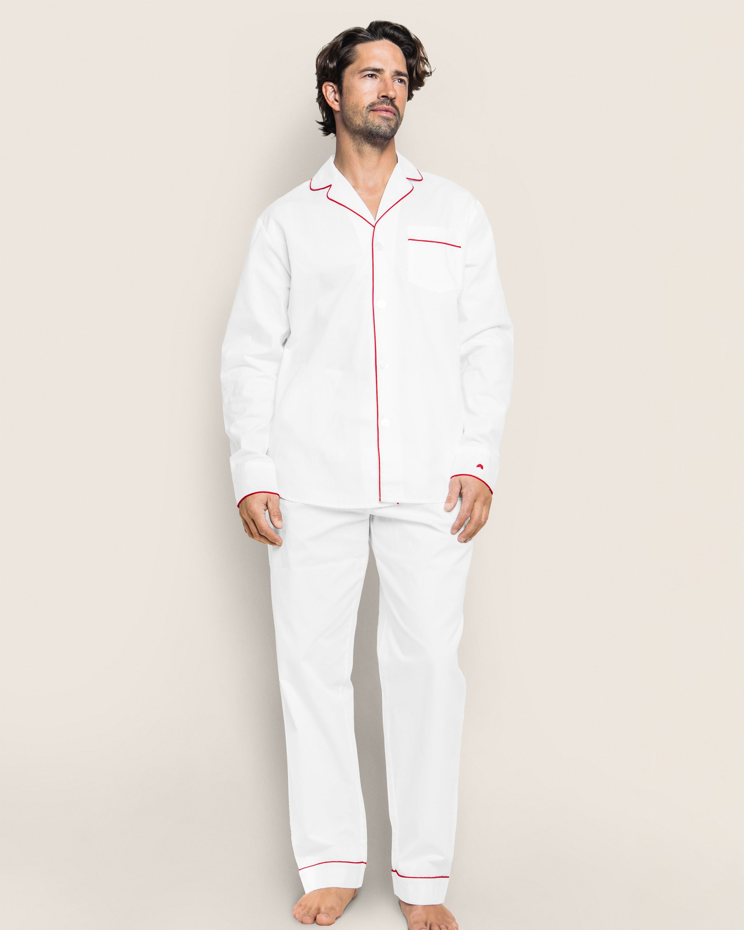 Men's Twill Pajama Set in White with Red Piping