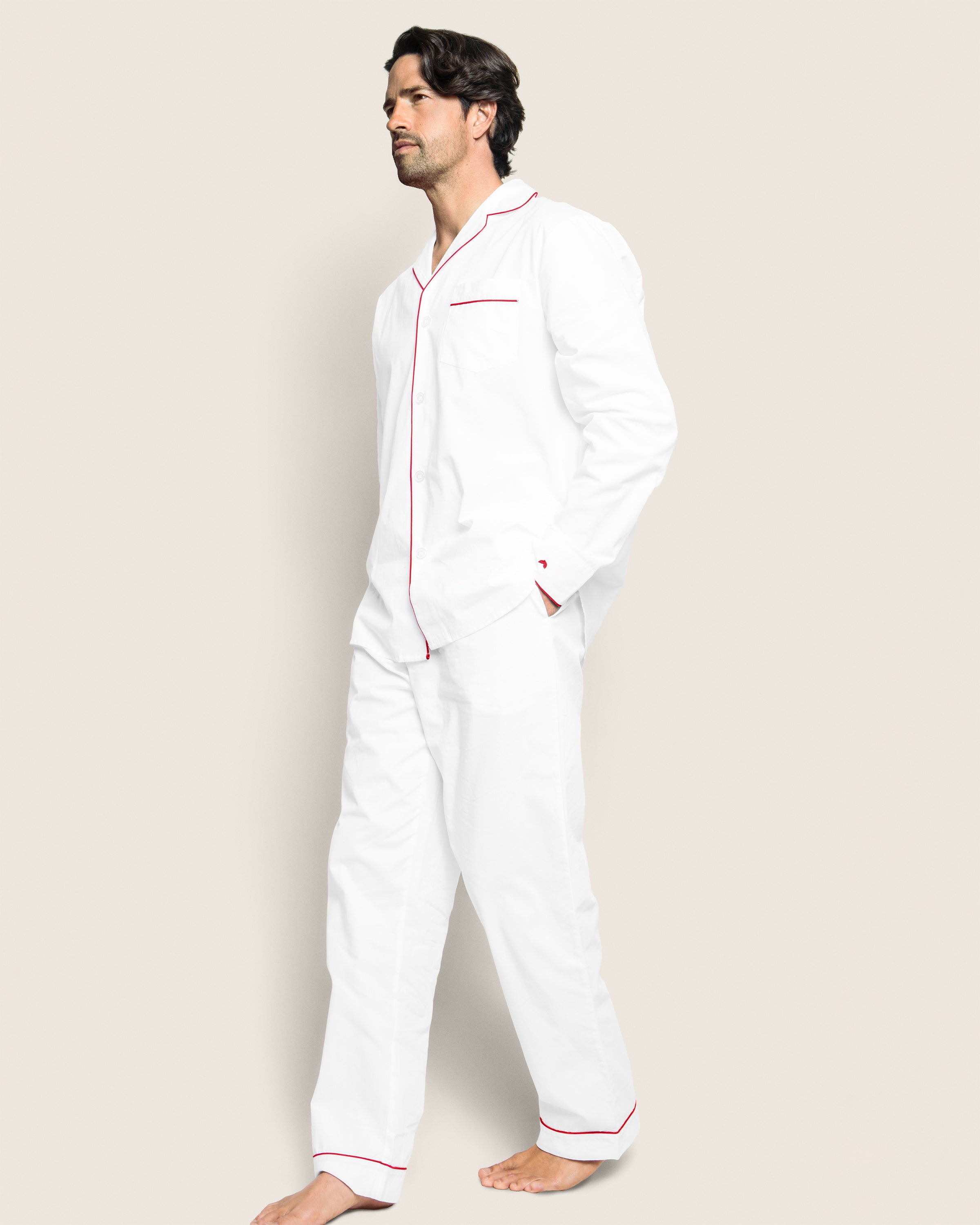 Men's Twill Pajama Set in White with Red Piping