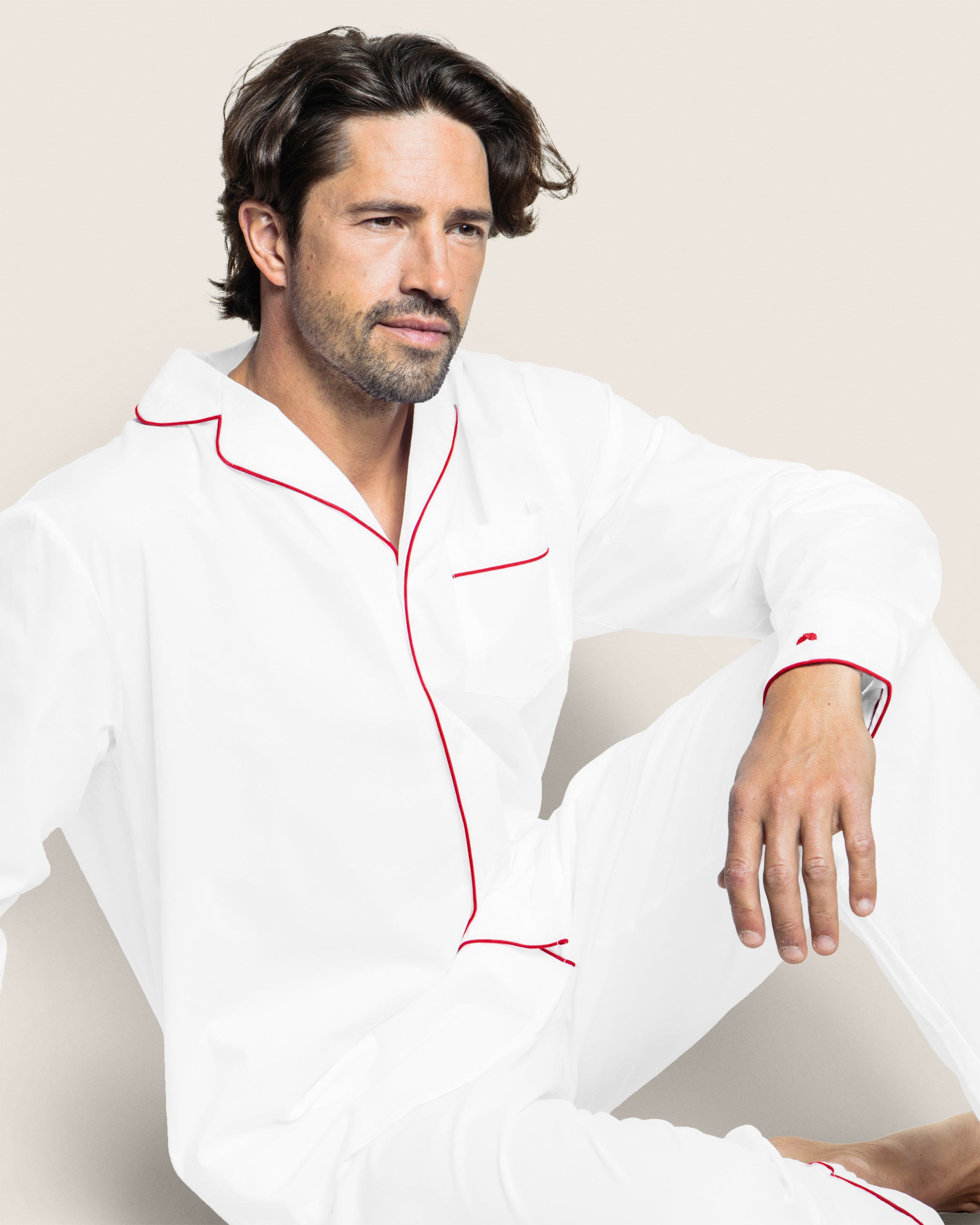 Men's Twill Pajama Set in White with Red Piping