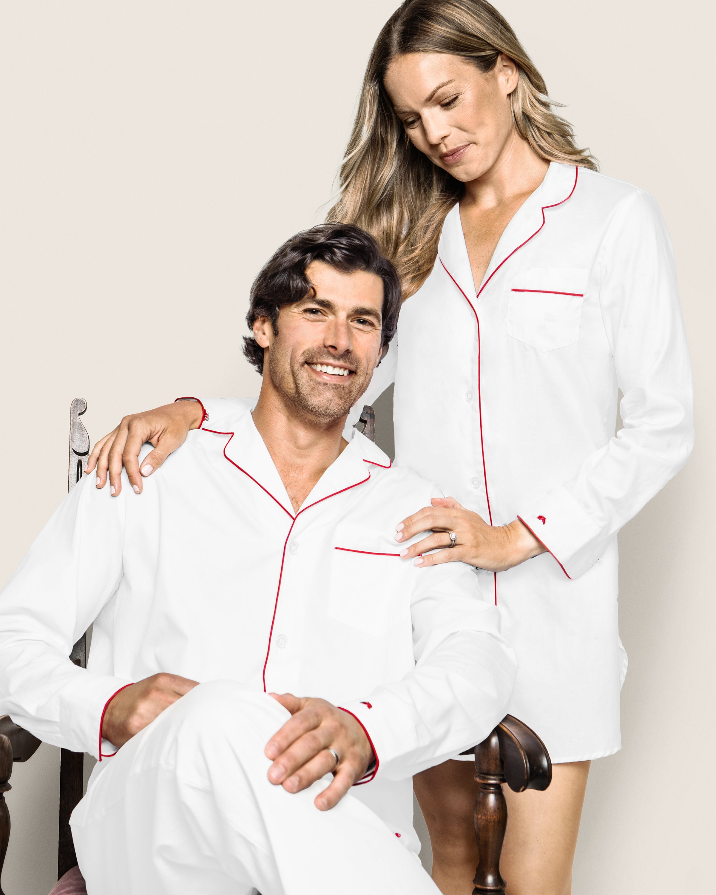 Men's Twill Pajama Set in White with Red Piping