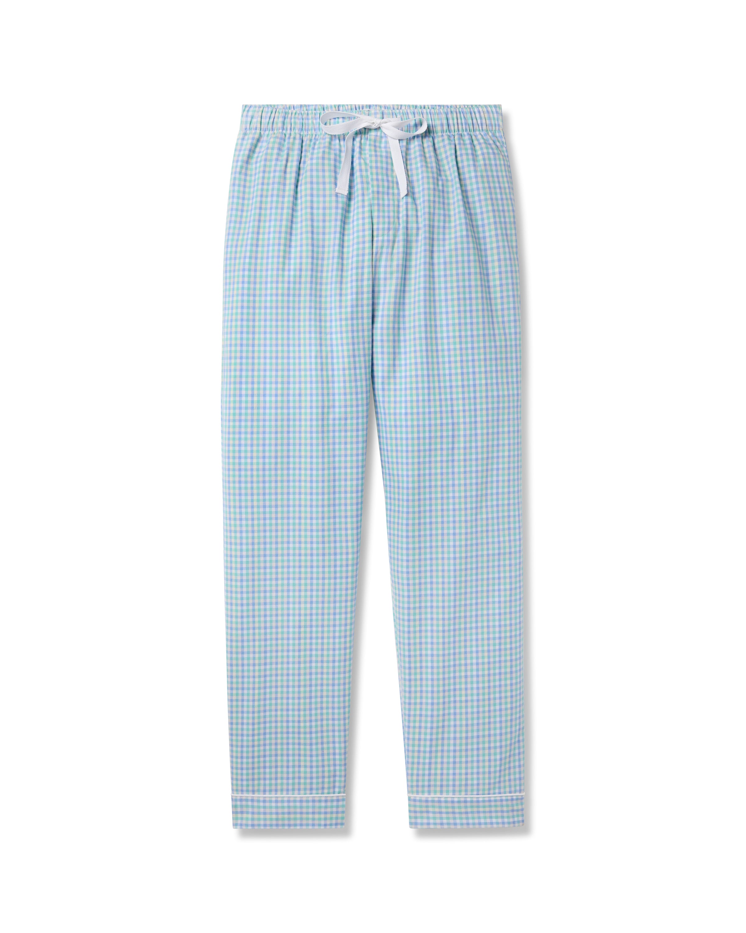 Petite Plumes Mens Twill Pajama Pants in Spring Gingham feature light blue and green checks with a white drawstring. Crafted from high-quality cotton, these luxurious, straight-leg pants are perfect for lounging or restful nights.