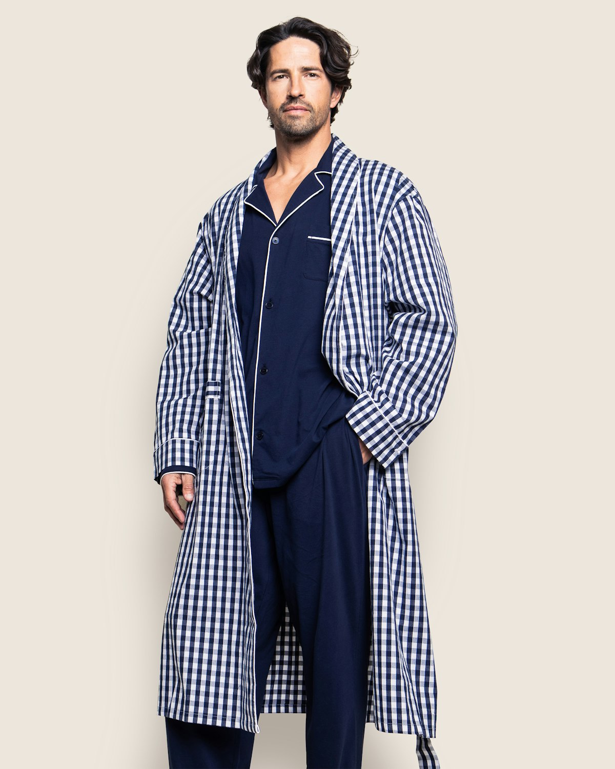 Men's Flannel Robe in Navy Gingham