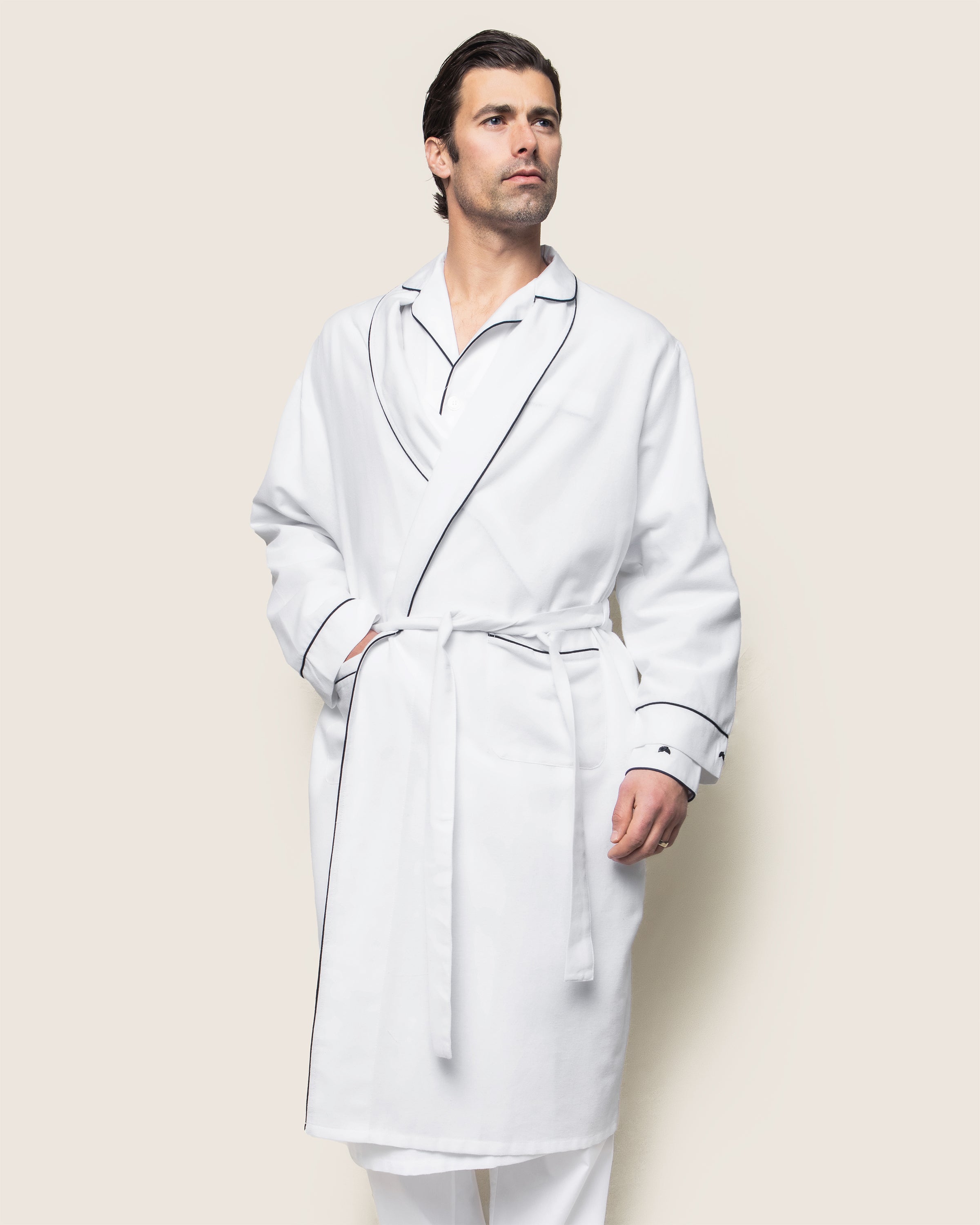 Men's Flannel Robe in White with Navy Piping