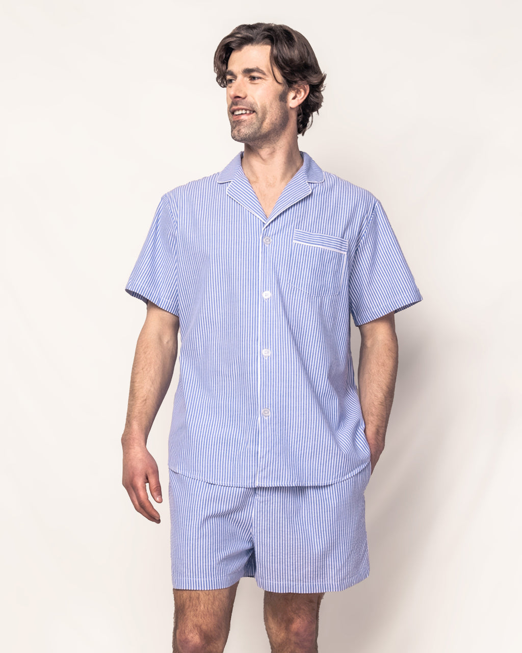 Men's Twill Pajama Short Set in French Blue Seersucker – Petite Plume