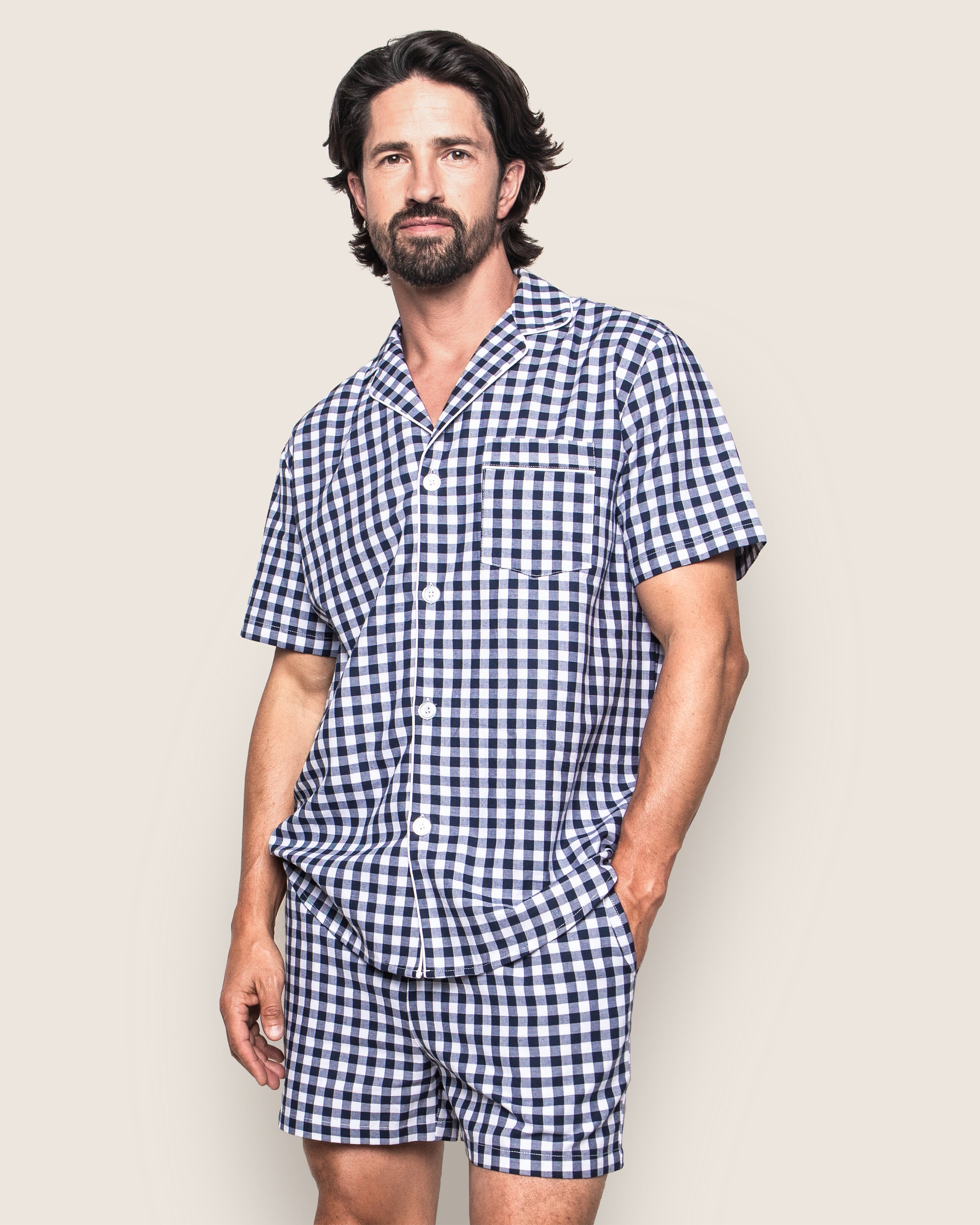 Men's Twill Pajama Short Set in Navy Gingham