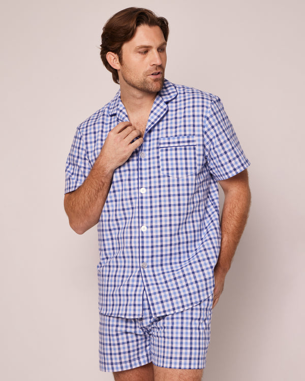 Men's Twill Pajama Short Set in Royal Blue Gingham
