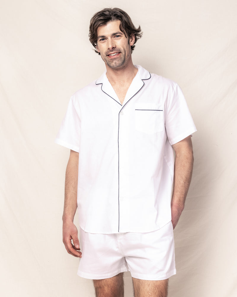 Men's Twill Pajama Short Set in White with Navy Piping – Petite Plume