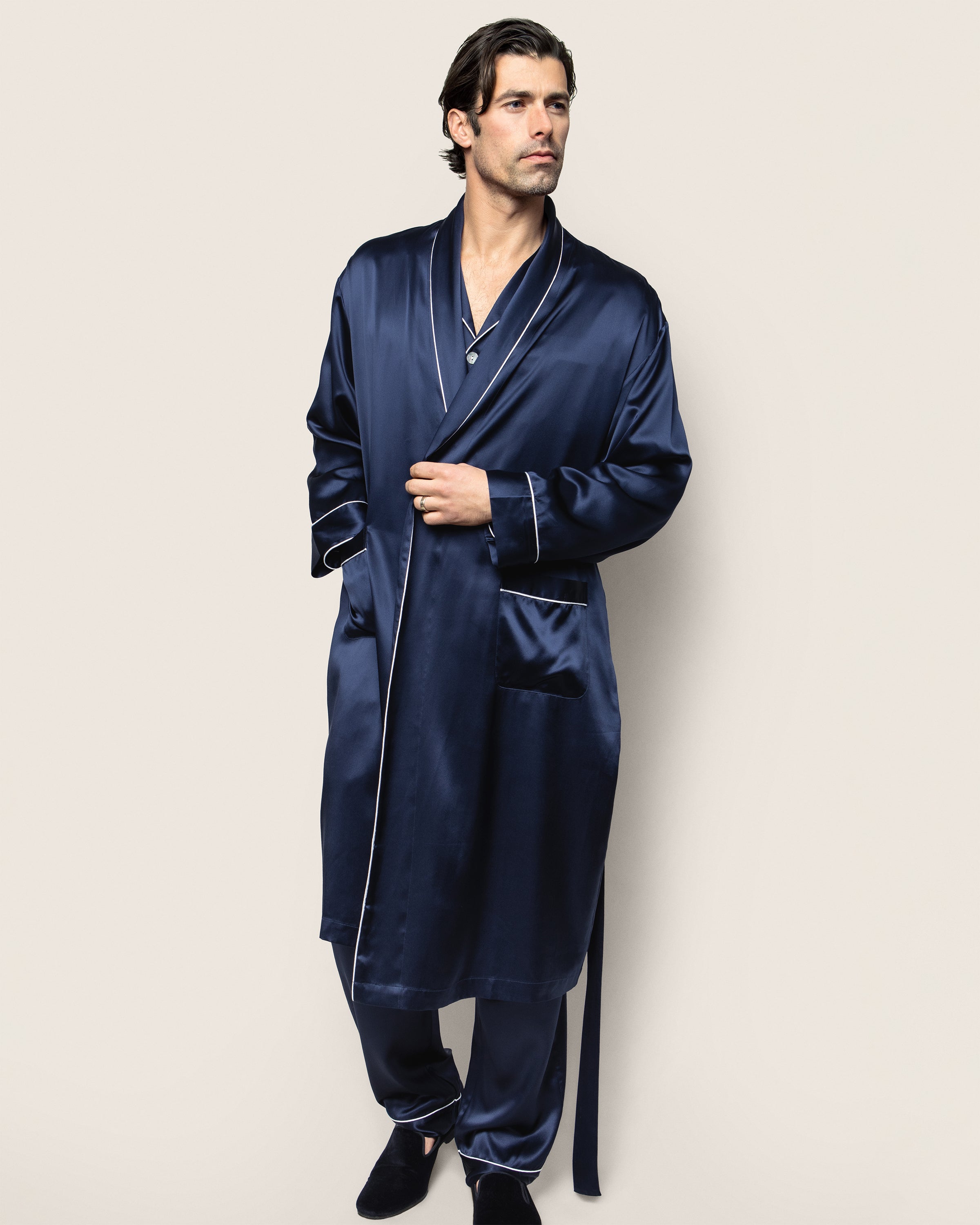 Men's Silk Long Robe in Navy