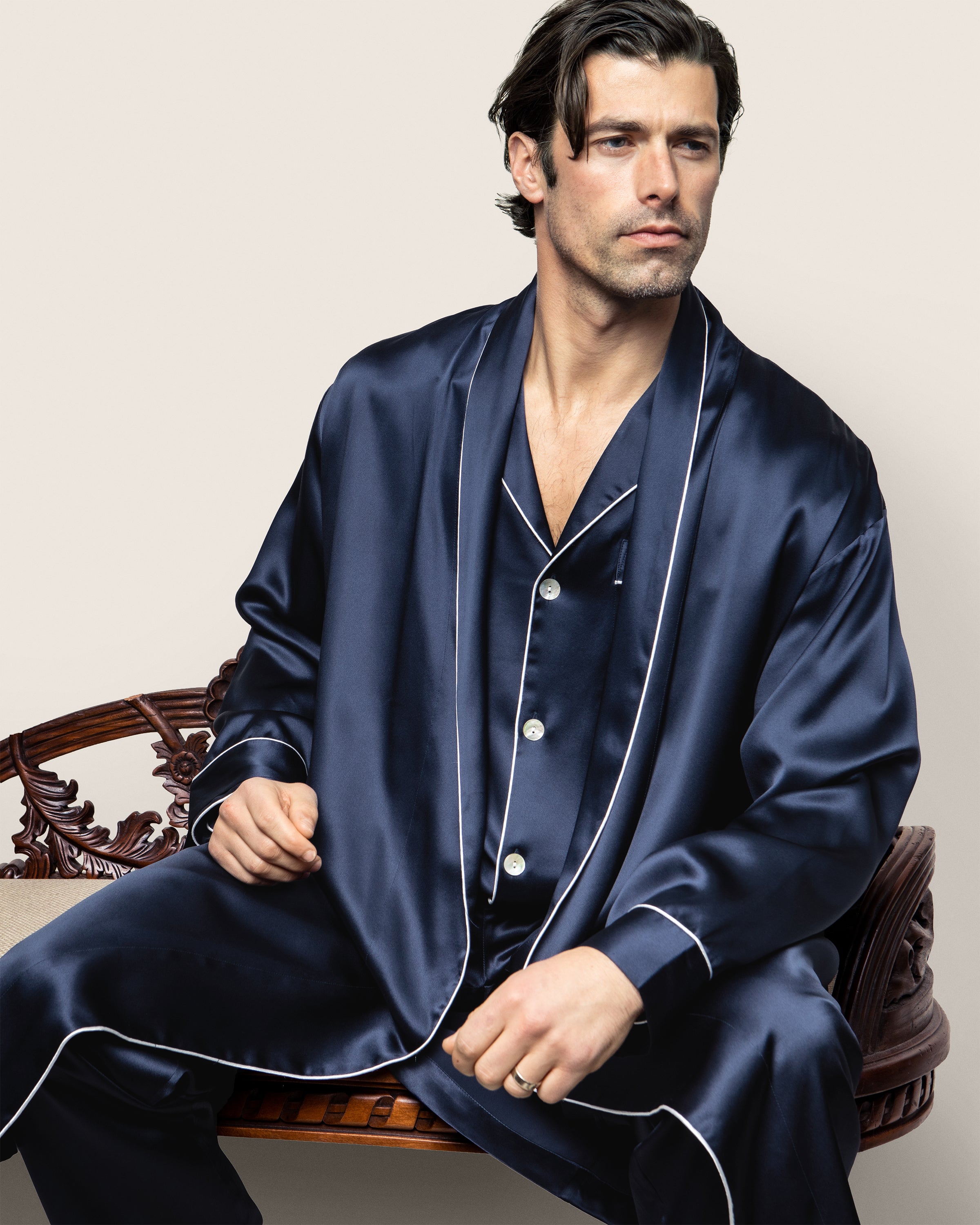 Men's Silk Long Robe in Navy