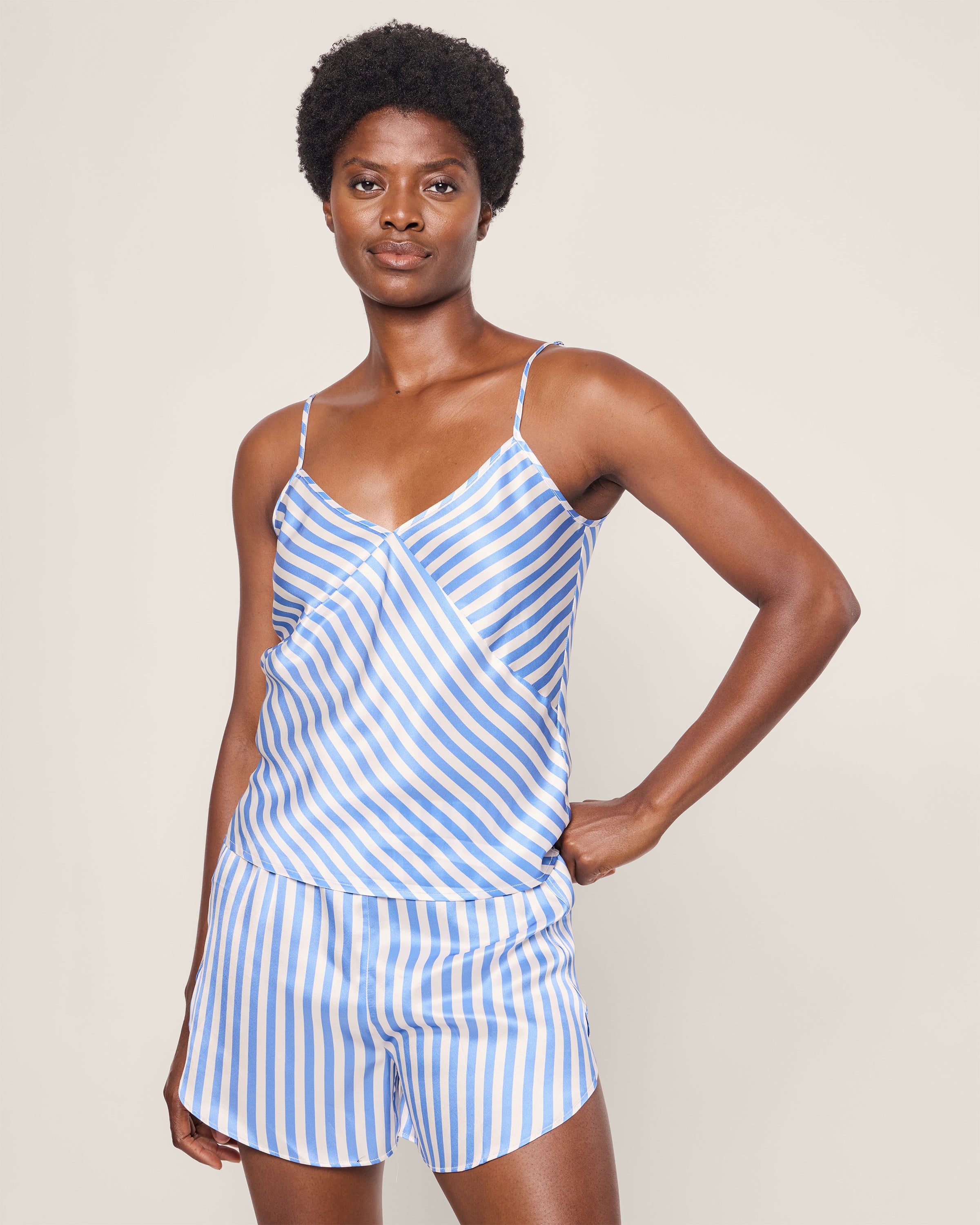 Women's Silk Cami Short Set in Azure Stripe