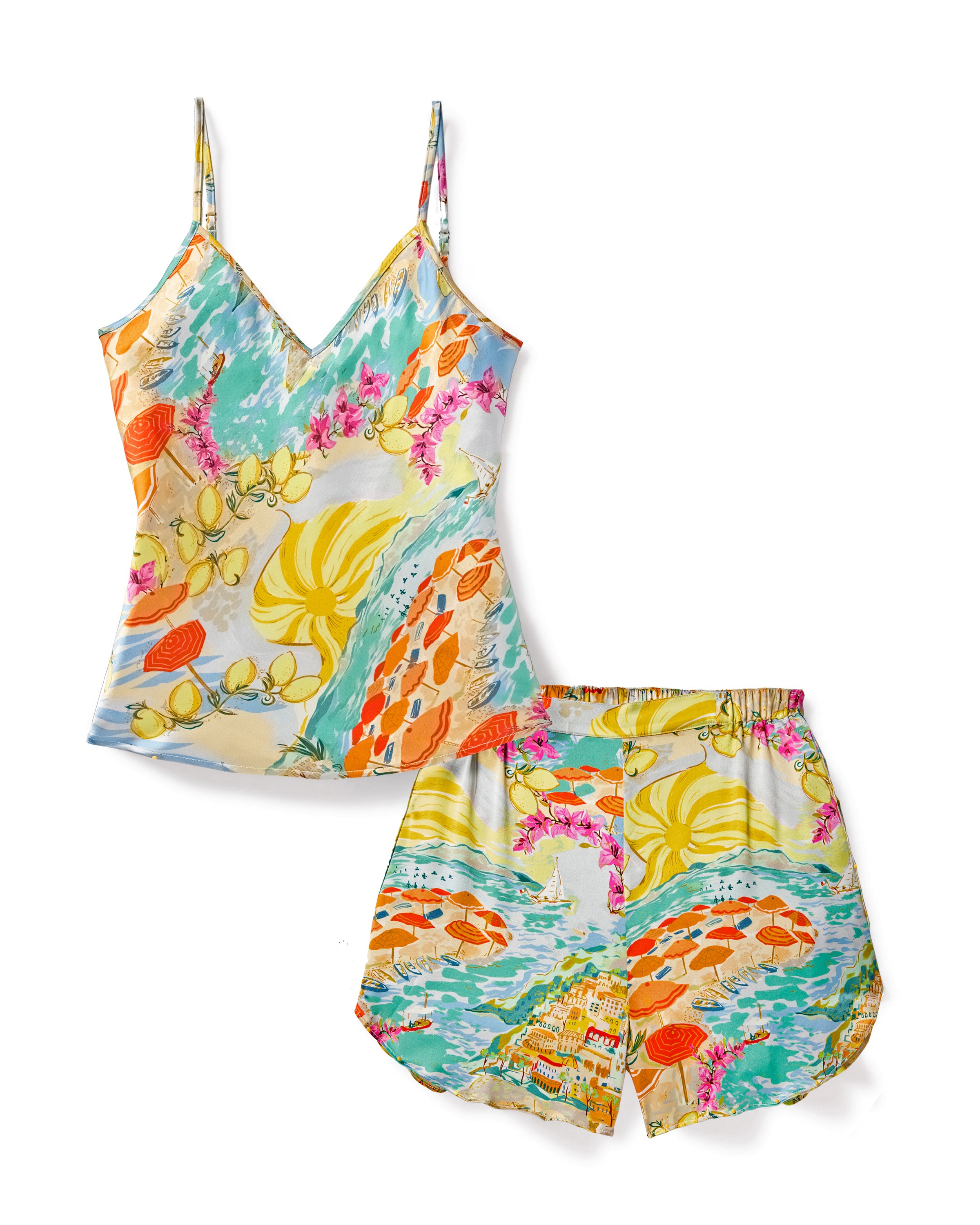 Indulge in luxury with Petite Plumes Womens Silk Cami Short Set in La Dolce Vita, featuring vibrant tropical floral, shell, and ocean wave patterns in orange, yellow, blue, and pink on a white background.