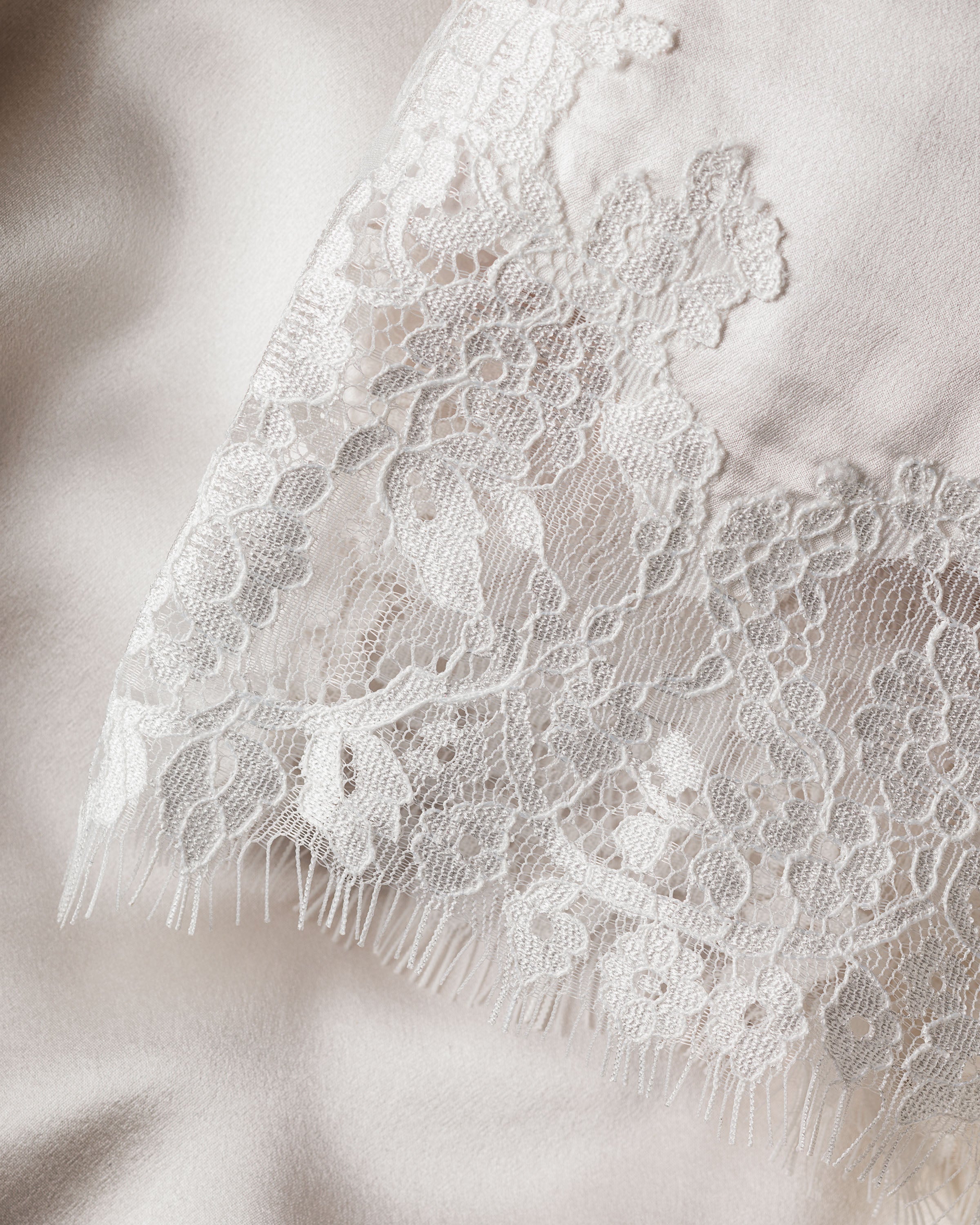 A close-up of Petite Plumes Womens Silk Lace Robe in White highlights its delicate floral patterns on a smooth, soft background. The intricate lace with fine scalloped edges creates an elegant and refined texture reminiscent of luxury.