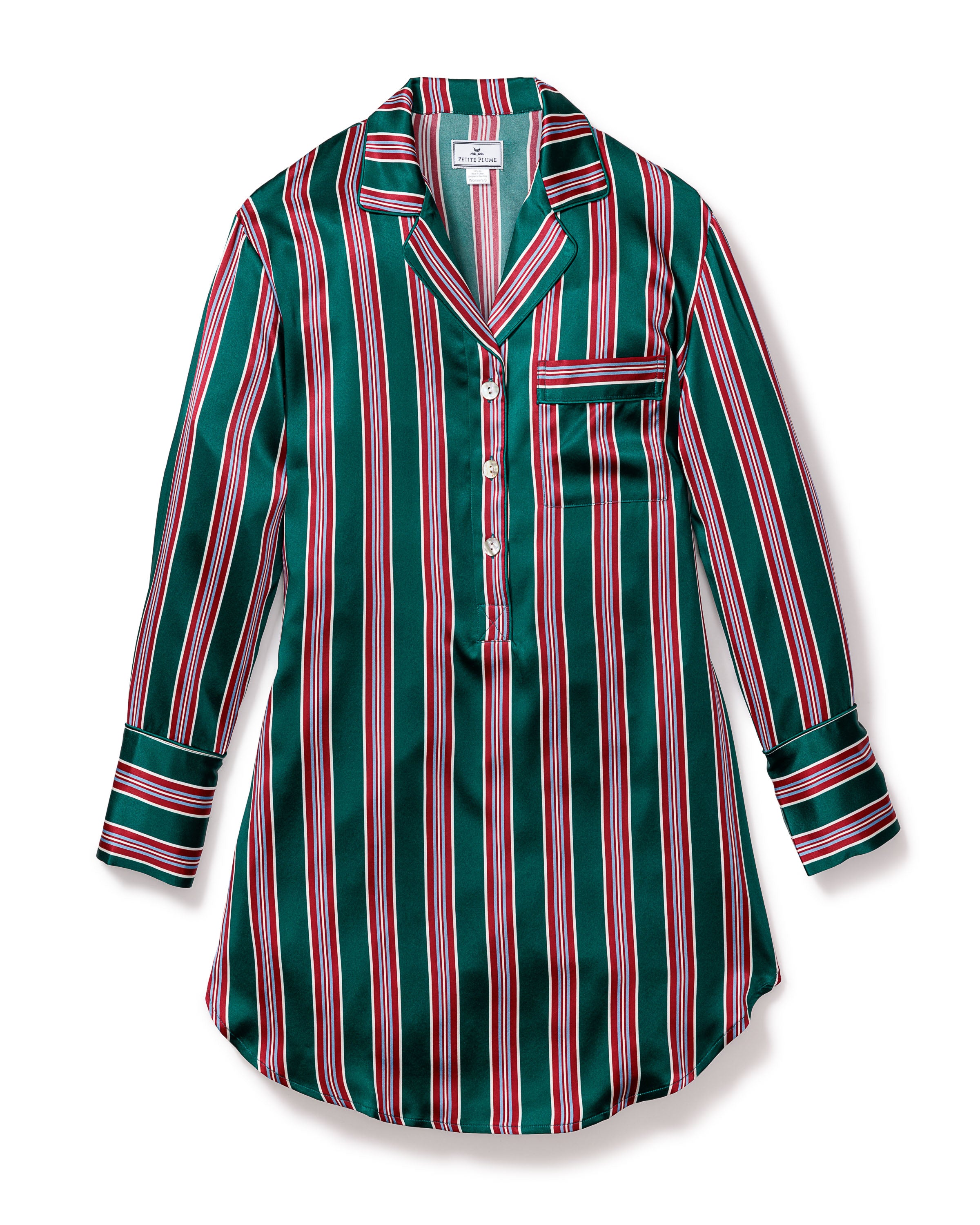 The Womens Silk Nightshirt in Lancaster Stripe by Petite Plume is an elegant long-sleeve satin pajama top featuring green, white, and red vertical stripes. It has a collar, button-down front, chest pocket, cuffed sleeves, and a slightly rounded hem for added style.