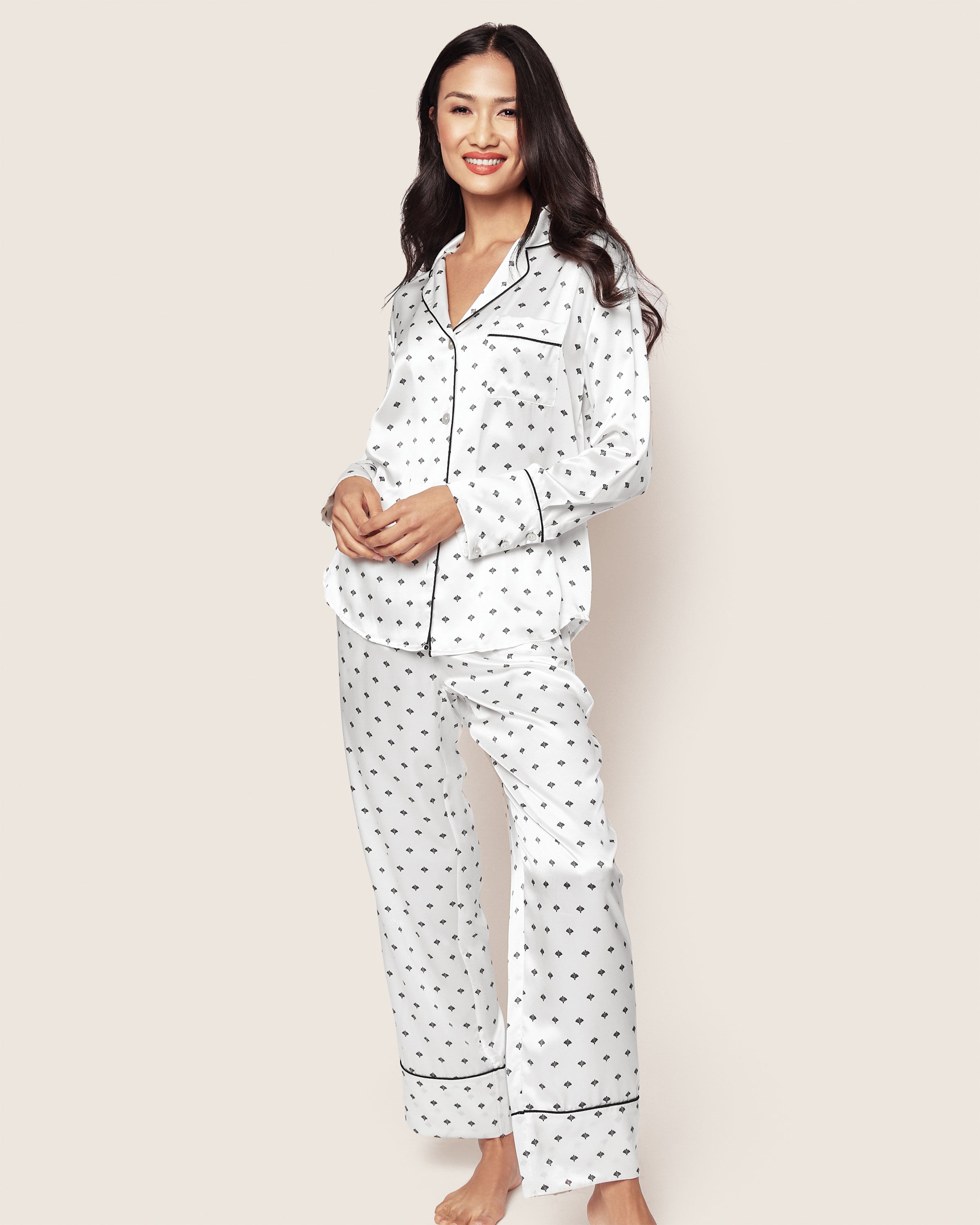 Women's Silk Pajama Set in White Art Nouveau